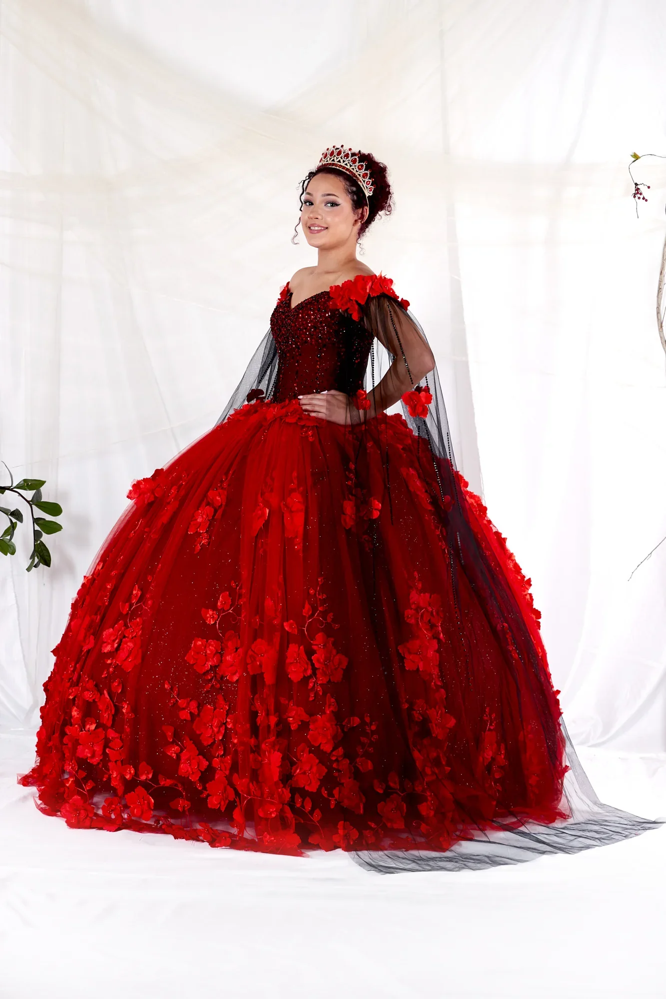 Floral Quinceanera Dress Off-Shoulder Cape Sleeve Ball Gown by Calla SCL-30007 - Image 9