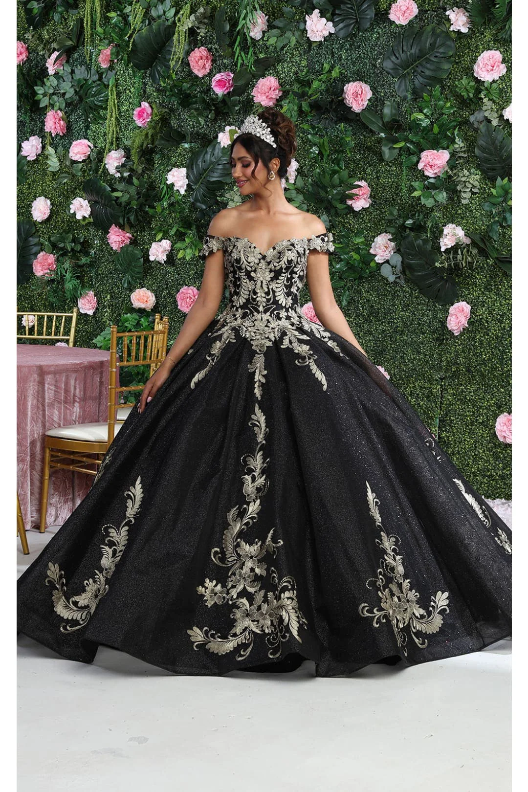 Off Shoulder Corset Back Embroidery Quince Gown - Image 6