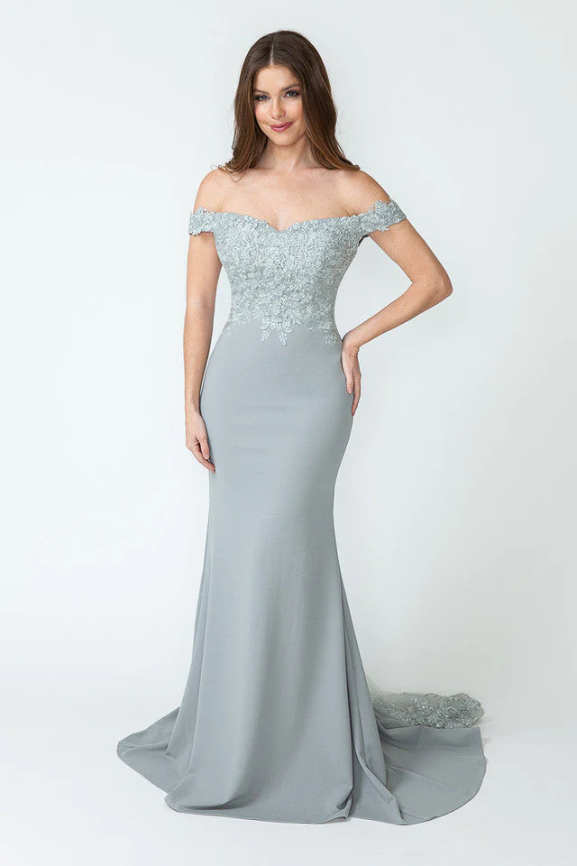 Off-Shoulder Lace Embroidered Mermaid Gown with Sheer Train By Lenovia 8134