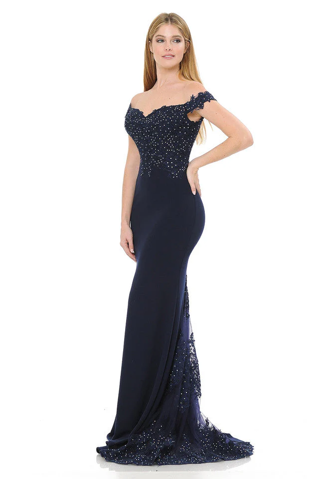 Off-Shoulder Lace Embroidered Mermaid Gown with Sheer Train By Lenovia 8134 - Image 10
