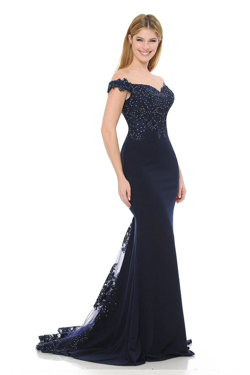 Off-Shoulder Lace Embroidered Mermaid Gown with Sheer Train By Lenovia 8134 - Image 11