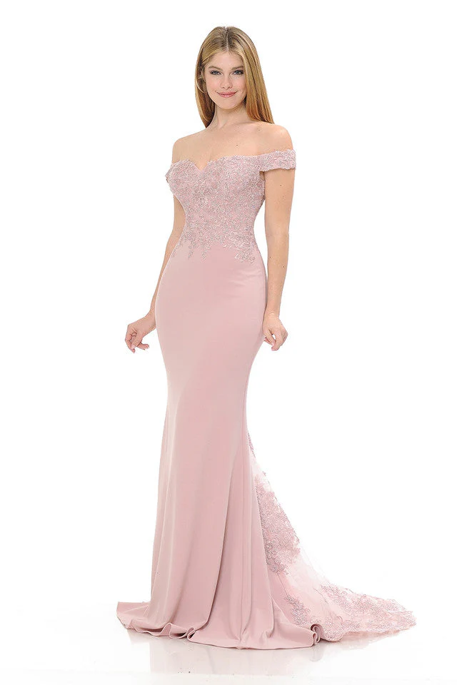 Off-Shoulder Lace Embroidered Mermaid Gown with Sheer Train By Lenovia 8134 - Image 12