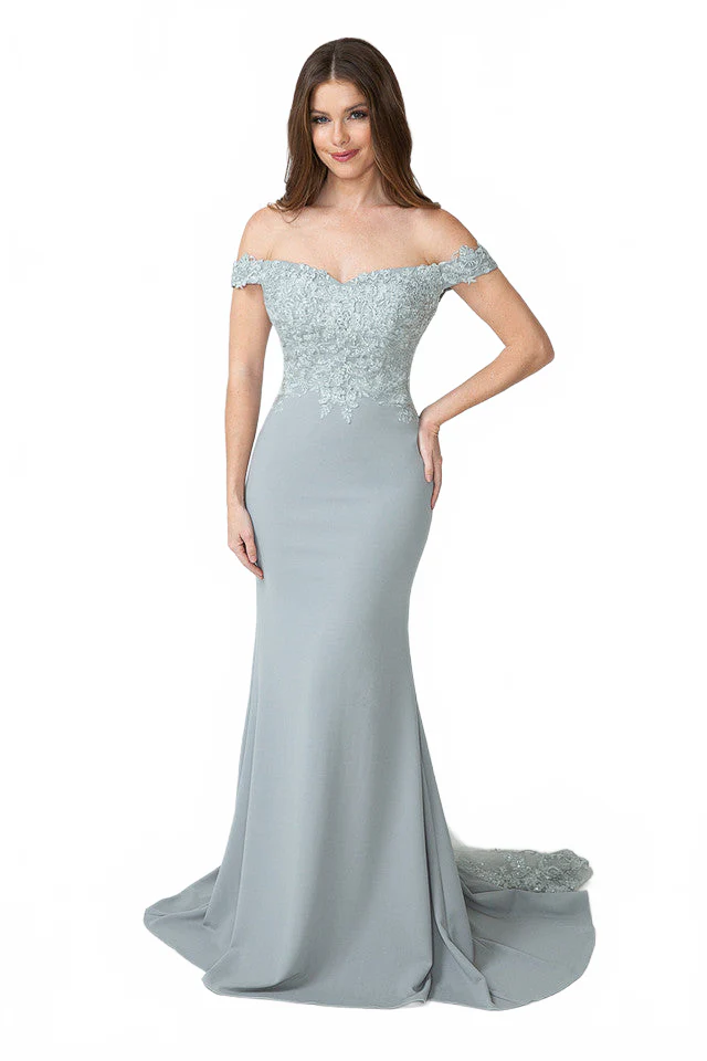 Off-Shoulder Lace Embroidered Mermaid Gown with Sheer Train By Lenovia 8134 - Image 15