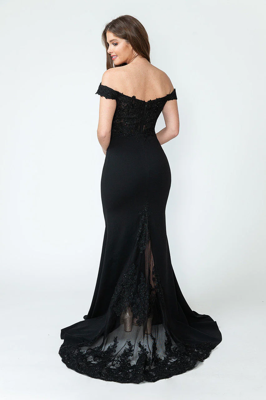 Off-Shoulder Lace Embroidered Mermaid Gown with Sheer Train By Lenovia 8134 - Image 2