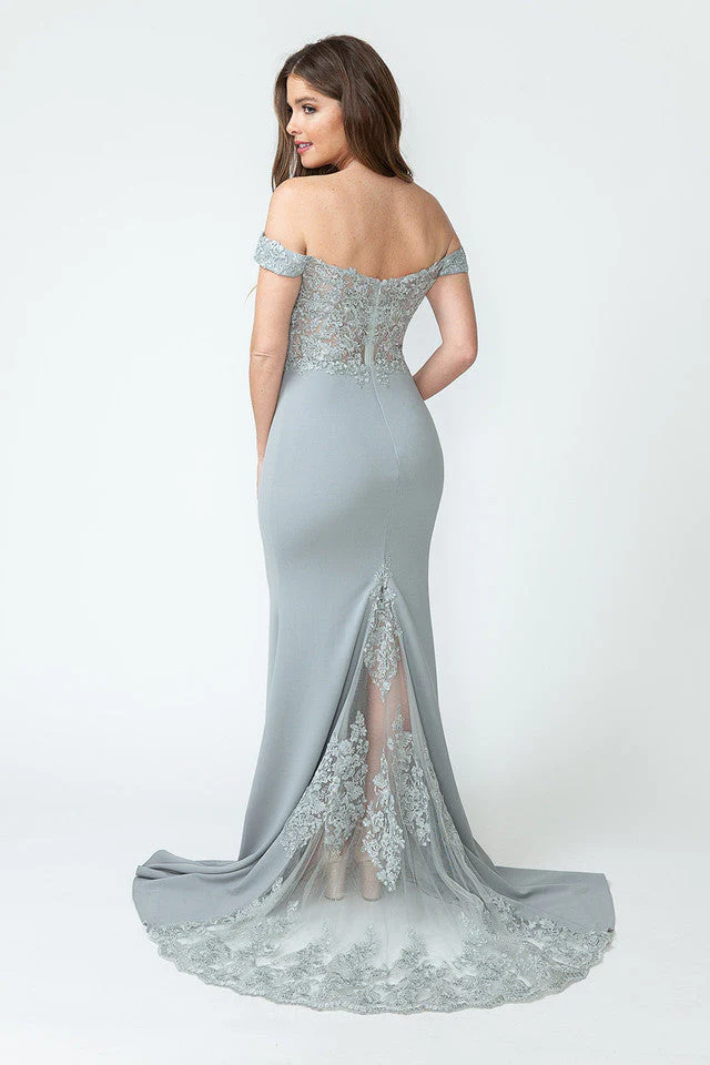 Off-Shoulder Lace Embroidered Mermaid Gown with Sheer Train By Lenovia 8134 - Image 3