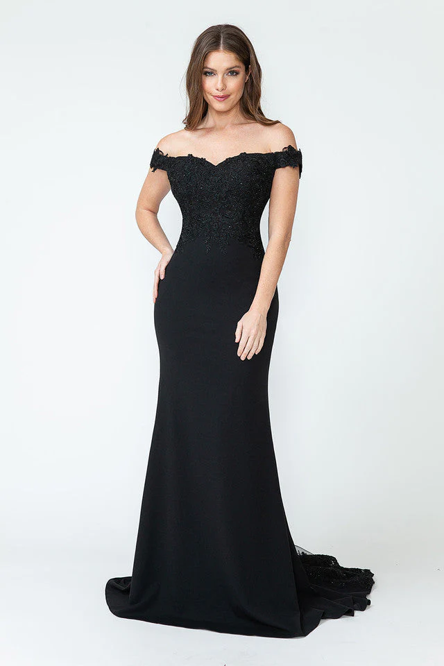 Off-Shoulder Lace Embroidered Mermaid Gown with Sheer Train By Lenovia 8134 - Image 4