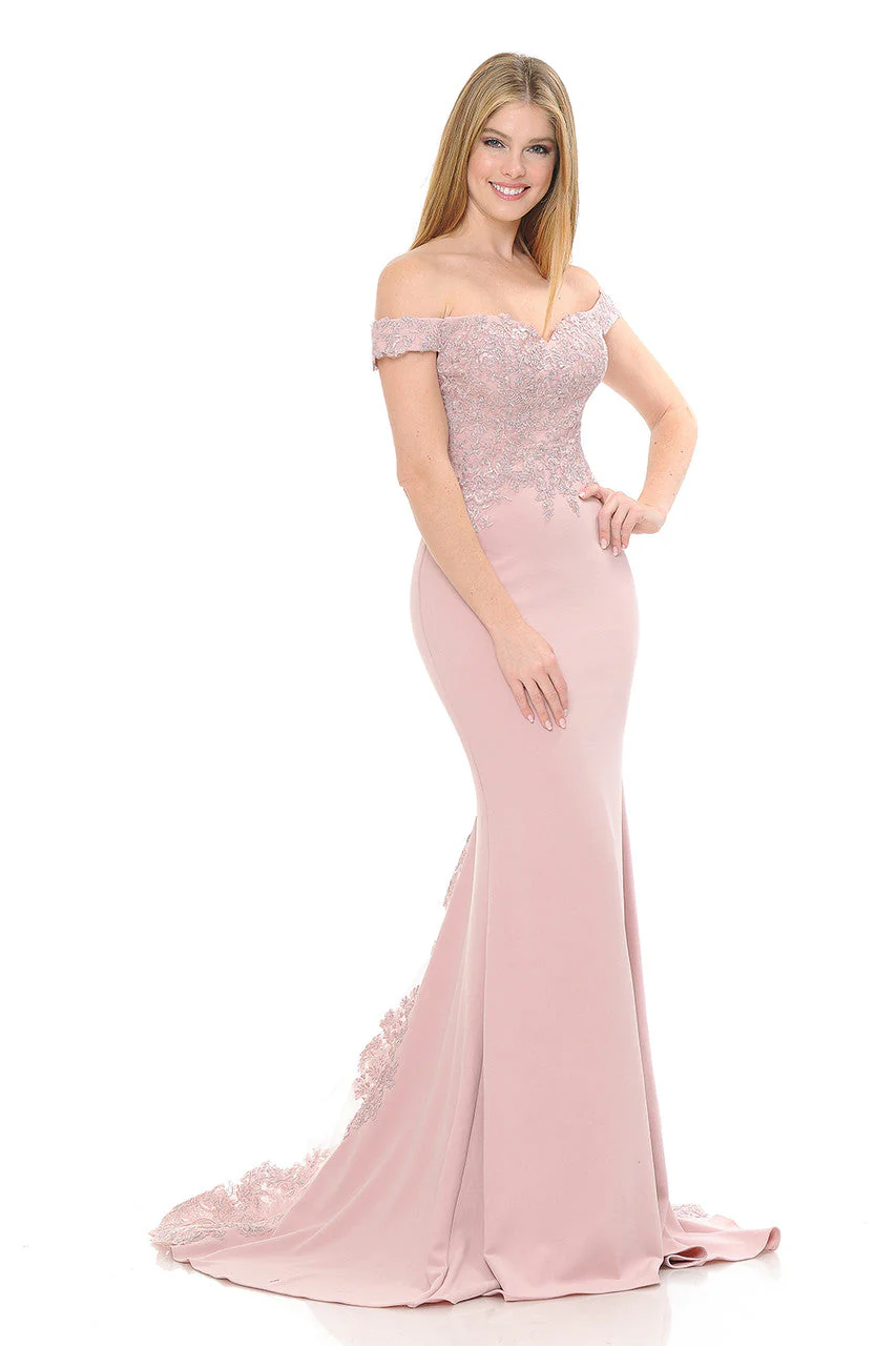 Off-Shoulder Lace Embroidered Mermaid Gown with Sheer Train By Lenovia 8134 - Image 5