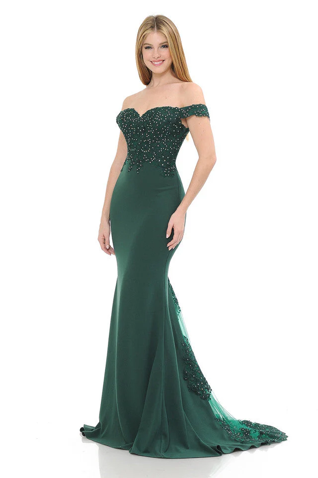 Off-Shoulder Lace Embroidered Mermaid Gown with Sheer Train By Lenovia 8134 - Image 6