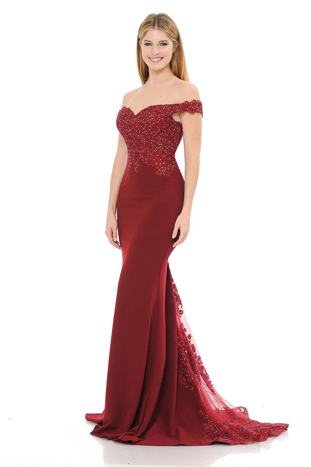 Off-Shoulder Lace Embroidered Mermaid Gown with Sheer Train By Lenovia 8134 - Image 7
