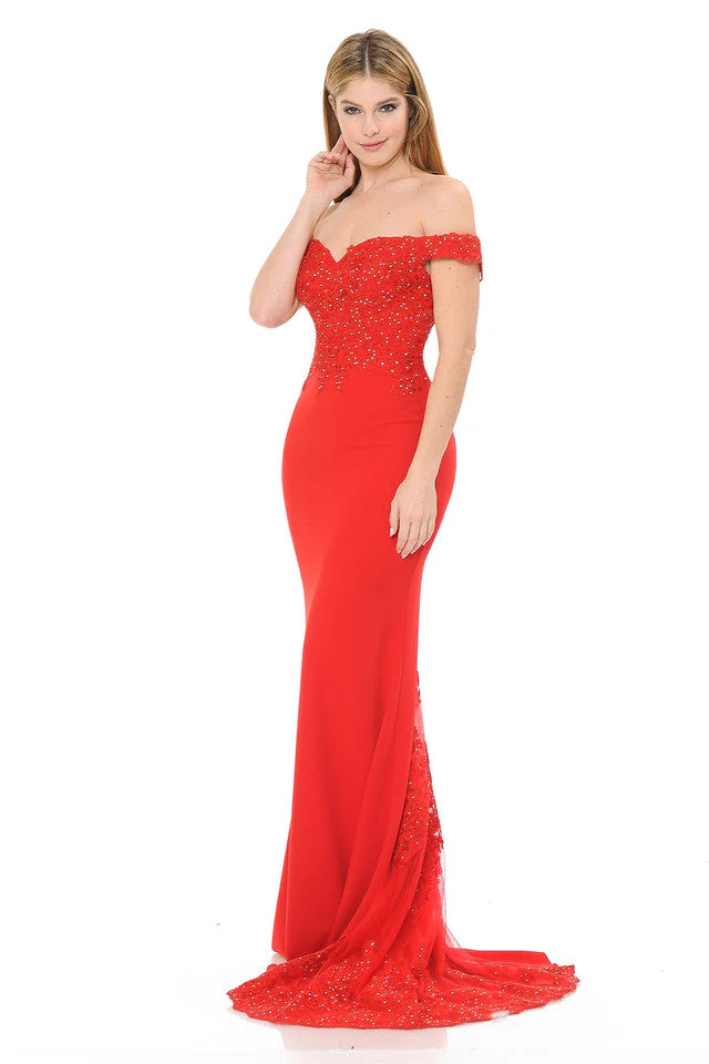 Off-Shoulder Lace Embroidered Mermaid Gown with Sheer Train By Lenovia 8134 - Image 8
