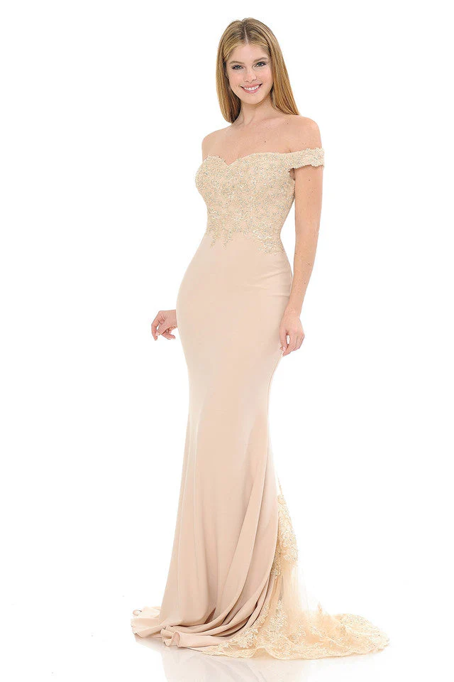 Off-Shoulder Lace Embroidered Mermaid Gown with Sheer Train By Lenovia 8134 - Image 9