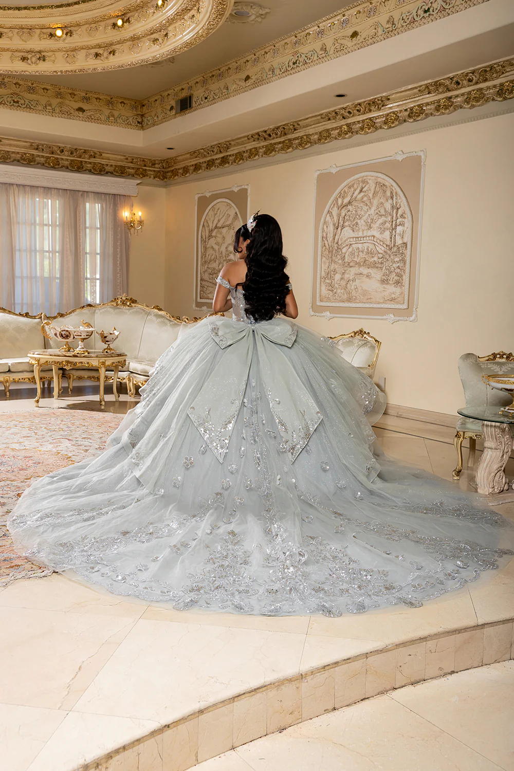 Off-Shoulder Quinceañera Ball Gown with Beaded Corset Long Train & Back Bow By Layla K LK293 - Image 10