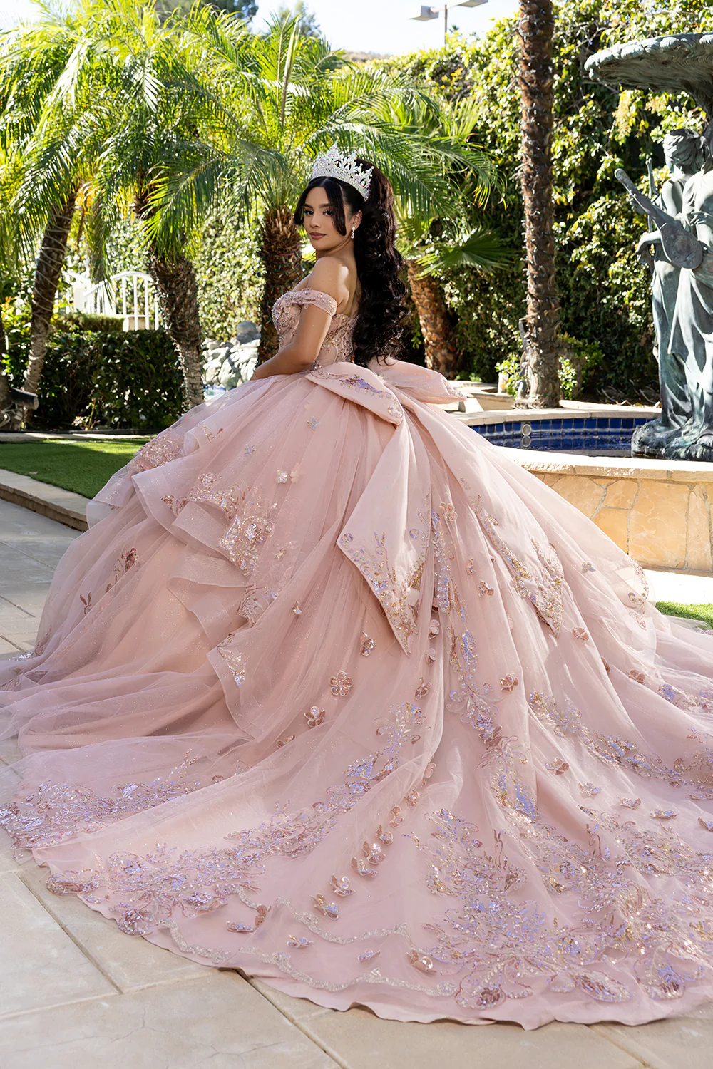 Off-Shoulder Quinceañera Ball Gown with Beaded Corset Long Train & Back Bow By Layla K LK293 - Image 2