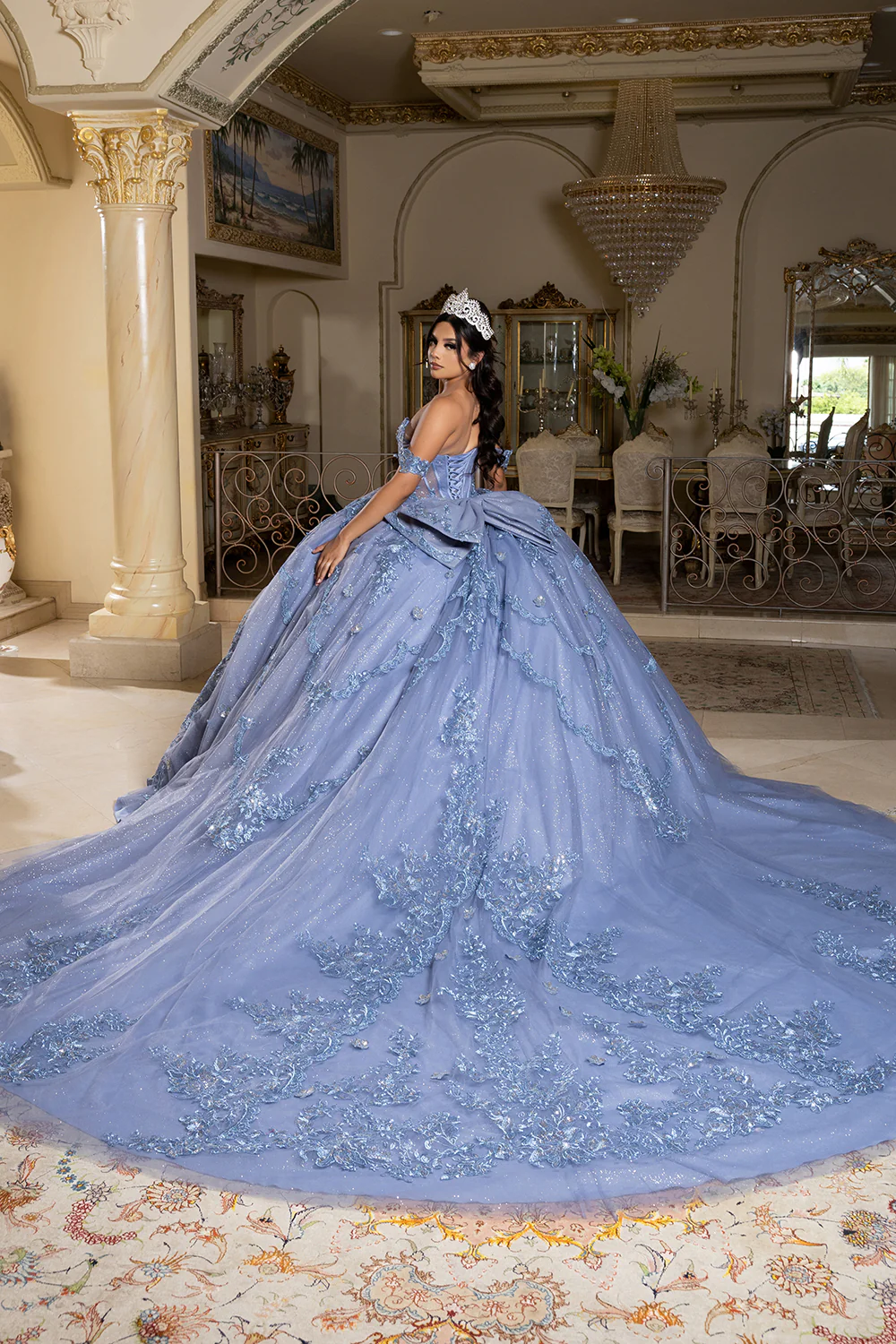 Off-Shoulder Quinceañera Ball Gown with Beaded Lace Appliques and Royal Train by Layla K LK283 - Image 12