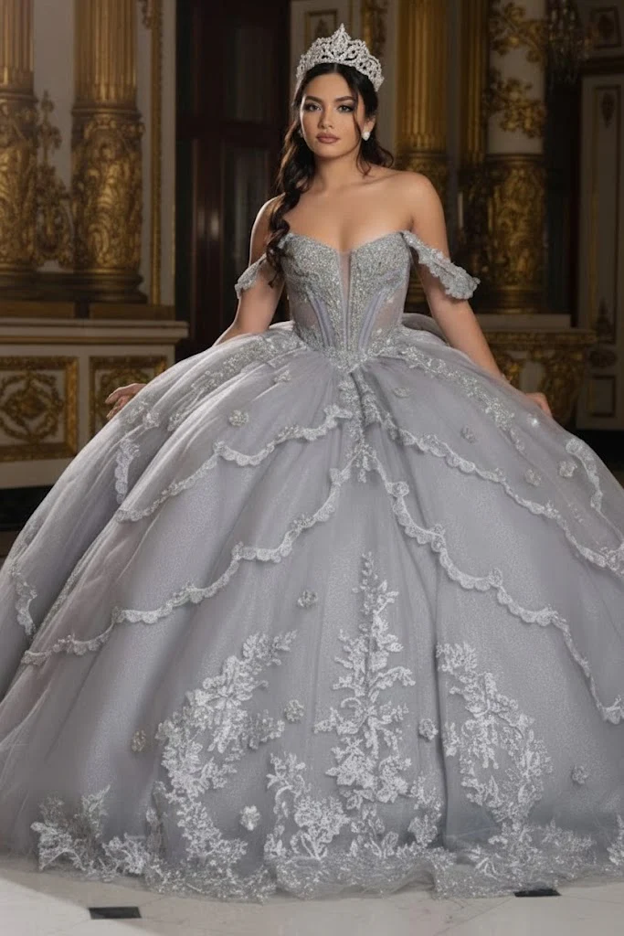 Off-Shoulder Quinceañera Ball Gown with Beaded Lace Appliques and Royal Train by Layla K LK283 - Image 4