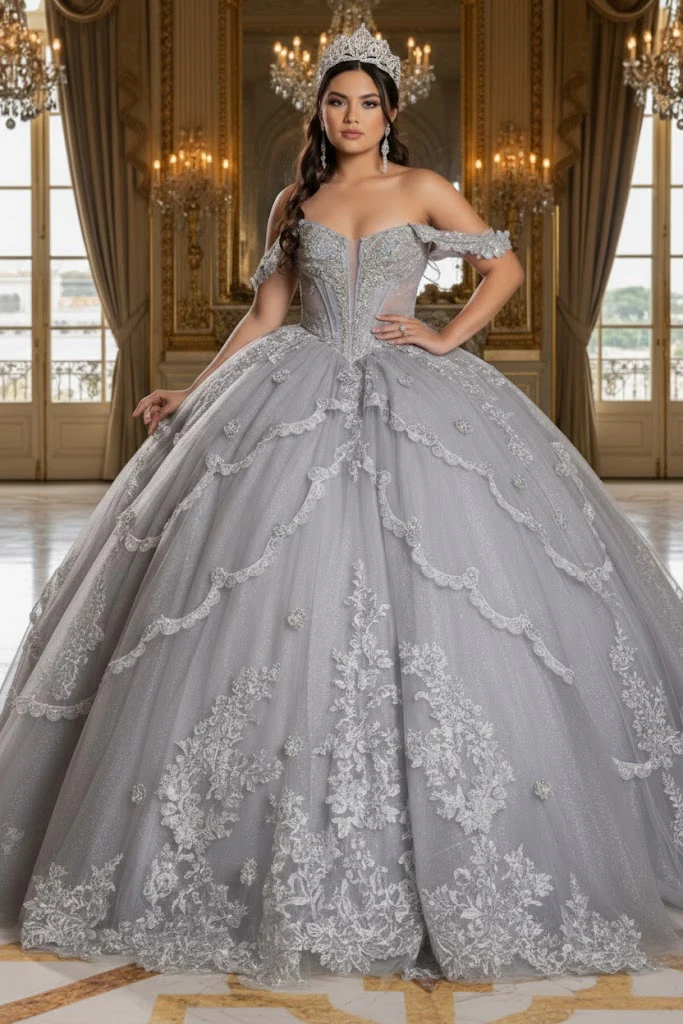 Off-Shoulder Quinceañera Ball Gown with Beaded Lace Appliques and Royal Train by Layla K LK283 - Image 5