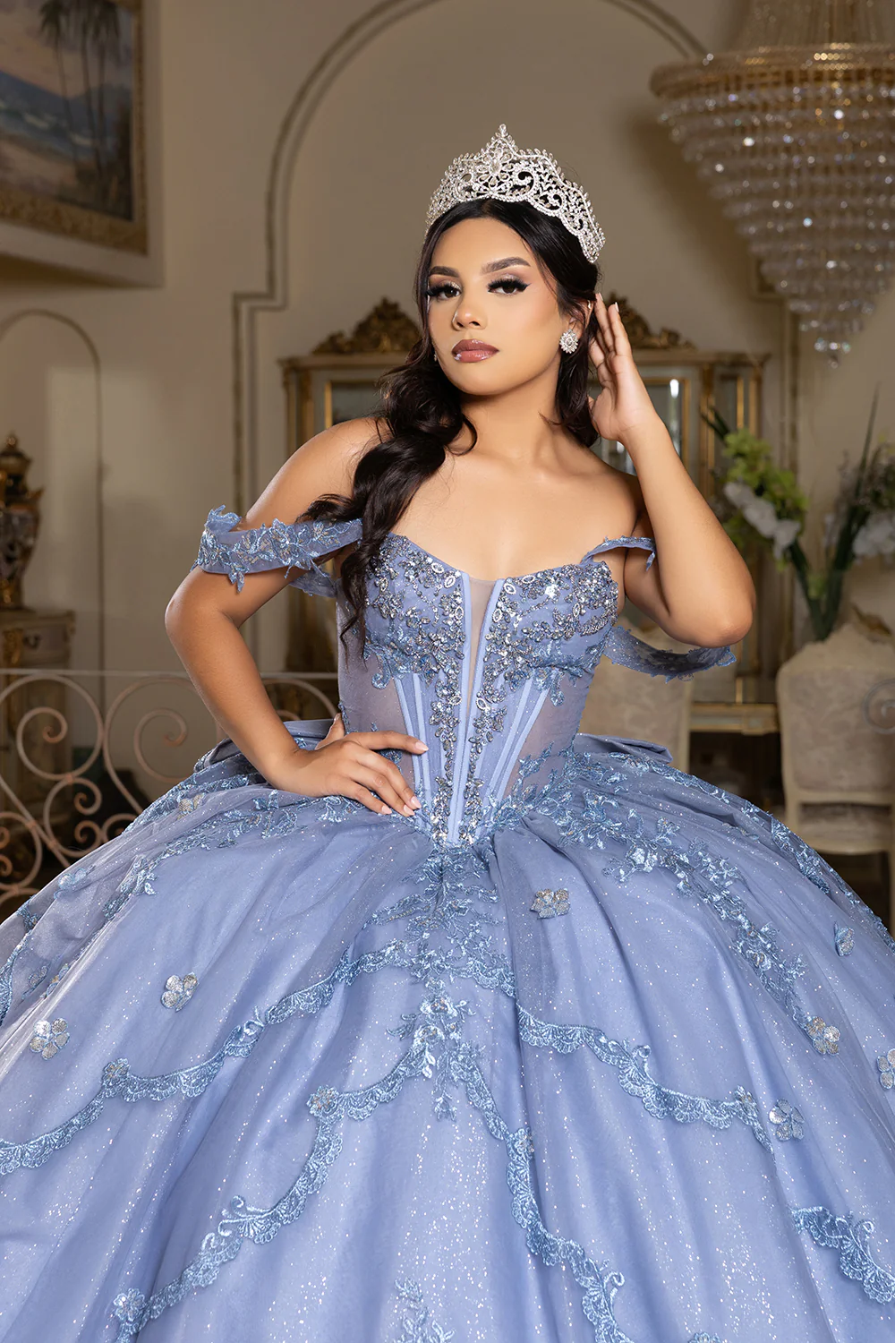 Off-Shoulder Quinceañera Ball Gown with Beaded Lace Appliques and Royal Train by Layla K LK283 - Image 7