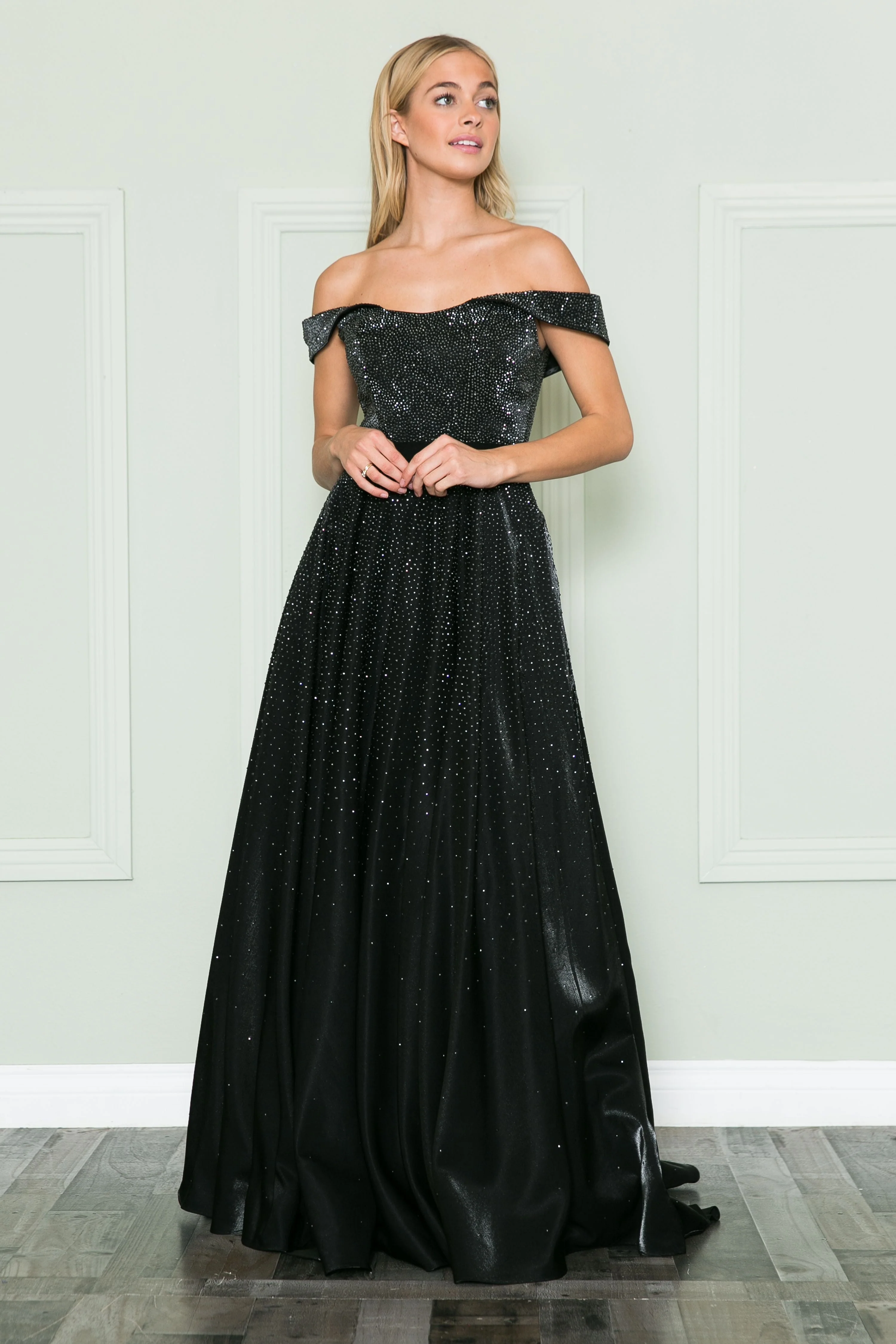 Poly USA 8890 Off Shoulder Rhinestone Gown