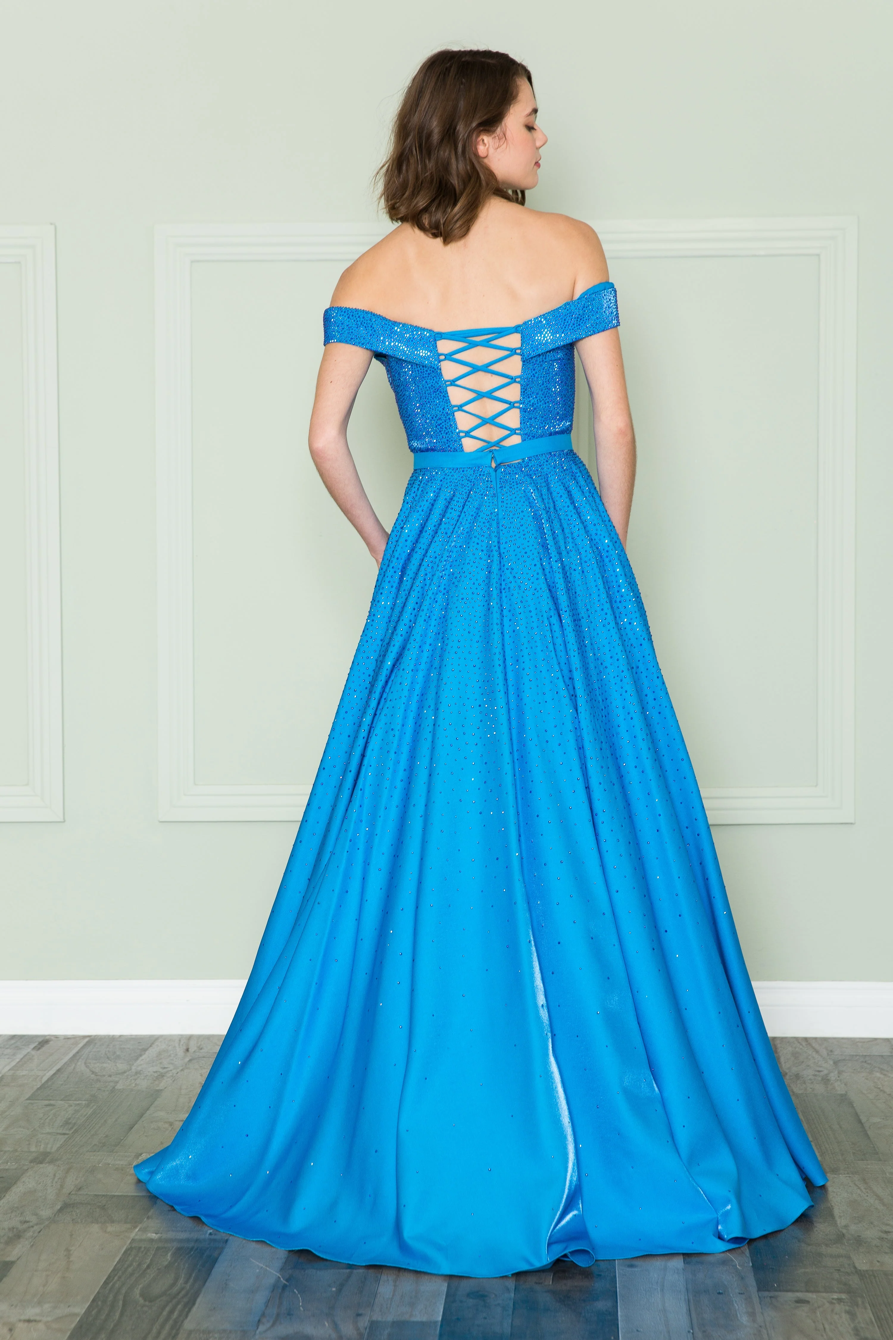 Poly USA 8890 Off Shoulder Rhinestone Gown - Image 2