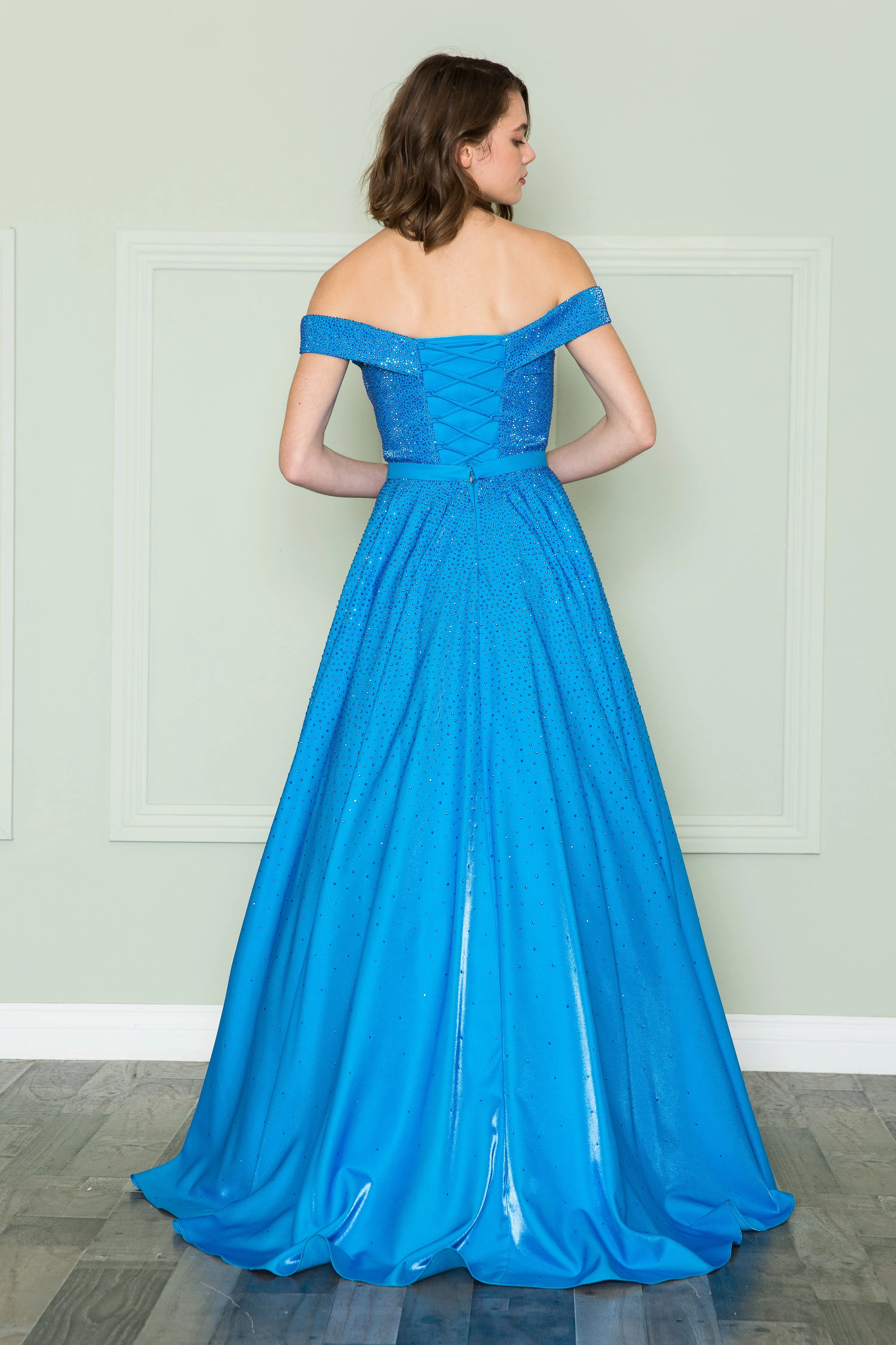 Poly USA 8890 Off Shoulder Rhinestone Gown - Image 3