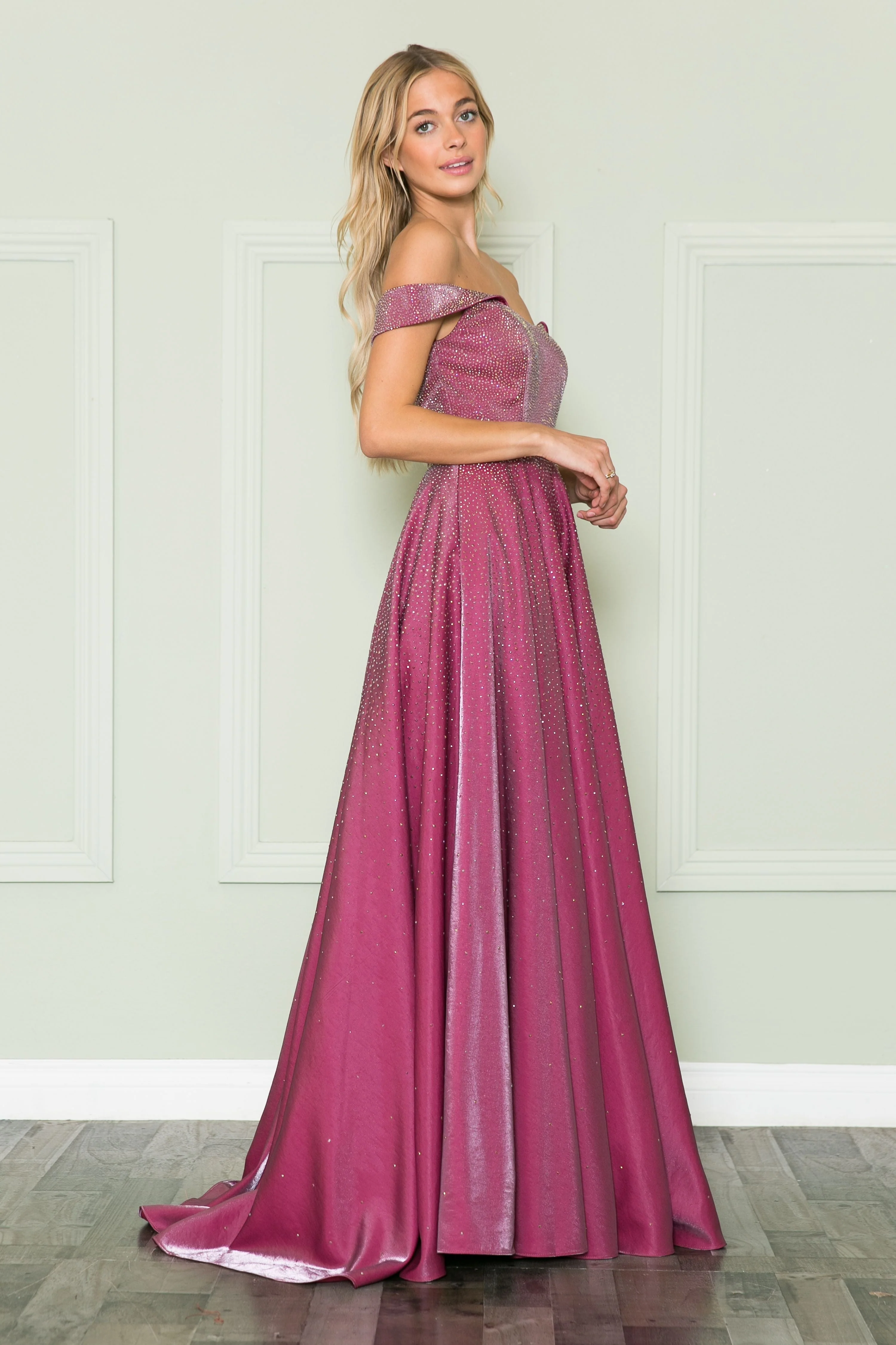 Poly USA 8890 Off Shoulder Rhinestone Gown - Image 5