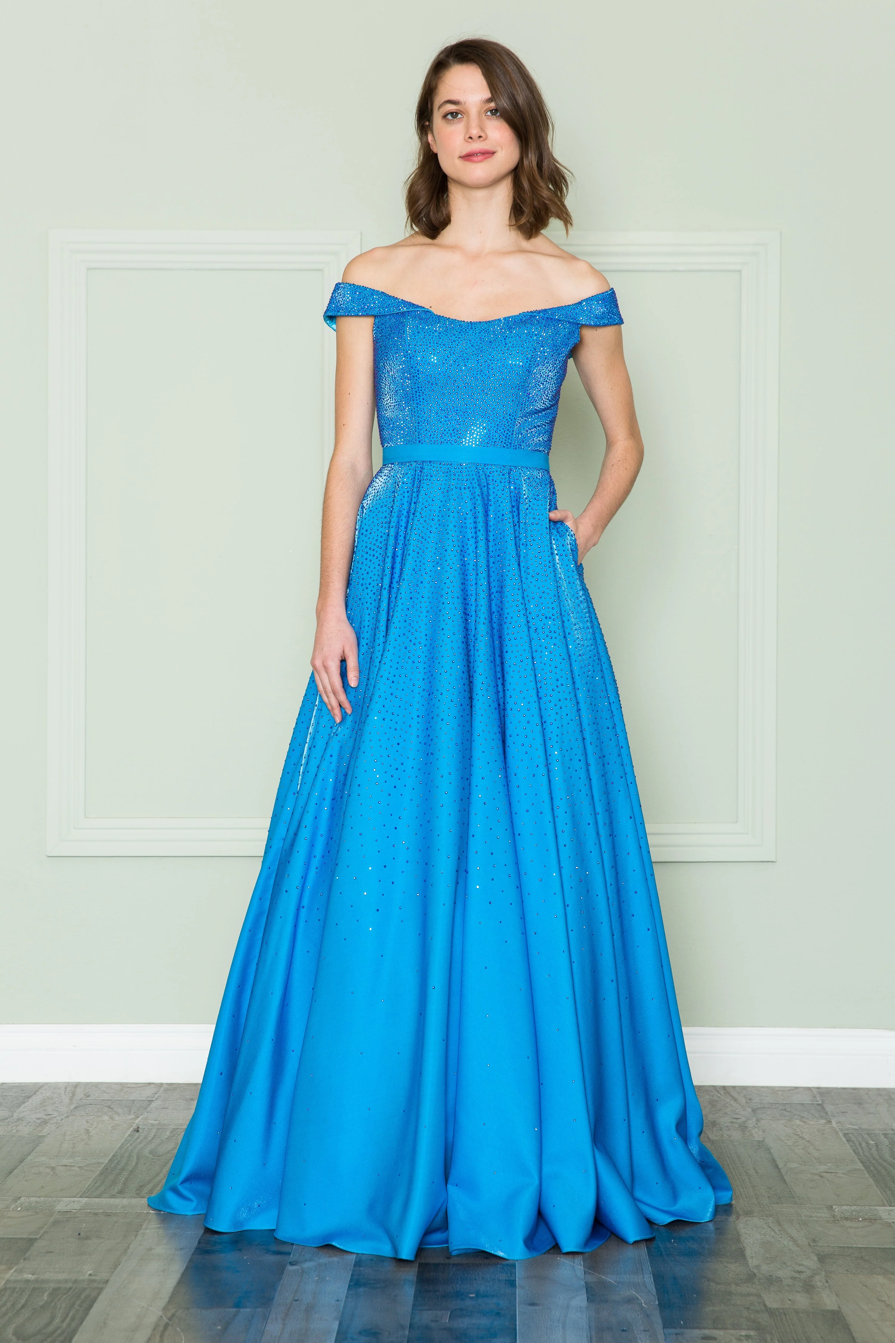 Poly USA 8890 Off Shoulder Rhinestone Gown - Image 6
