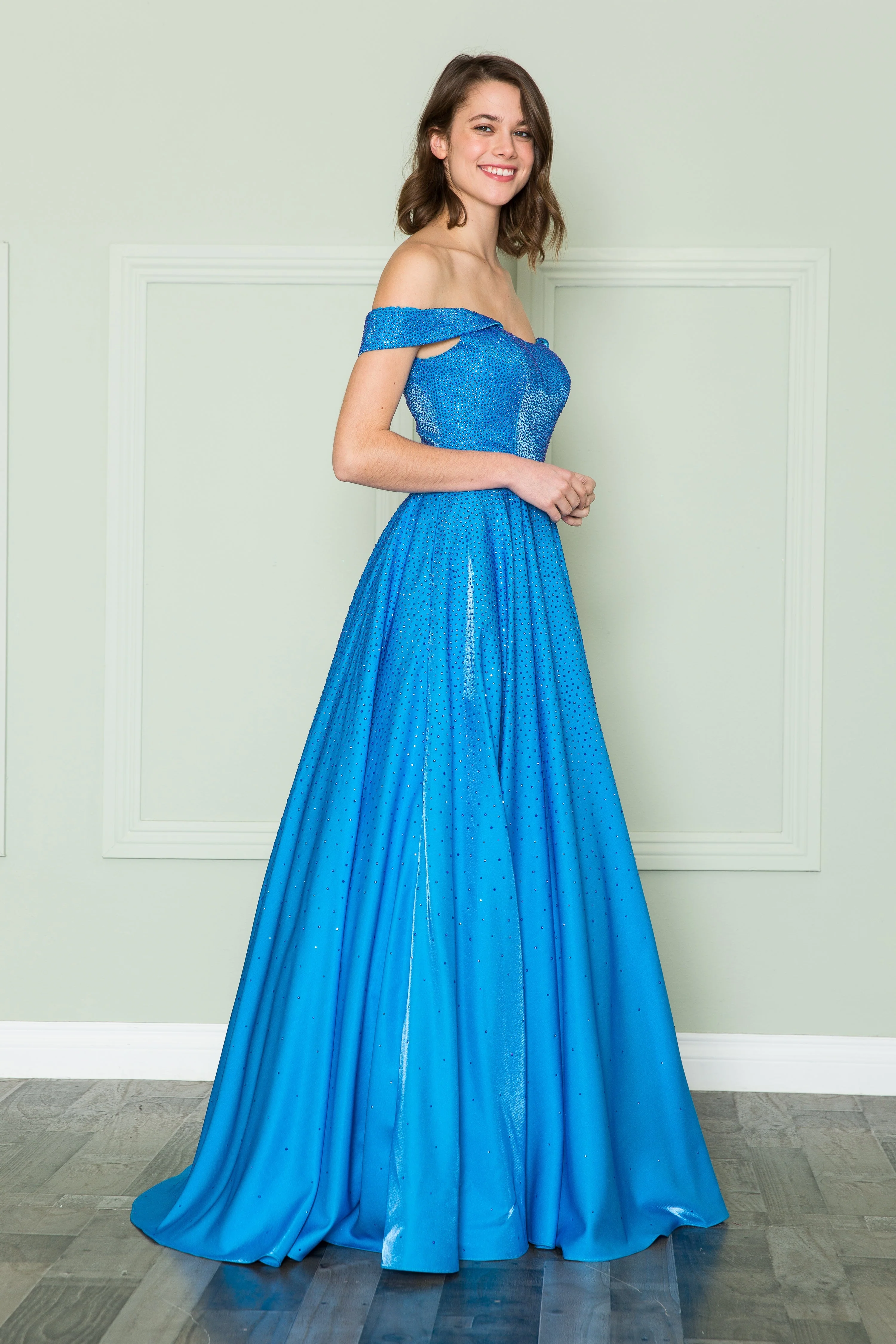 Poly USA 8890 Off Shoulder Rhinestone Gown - Image 7