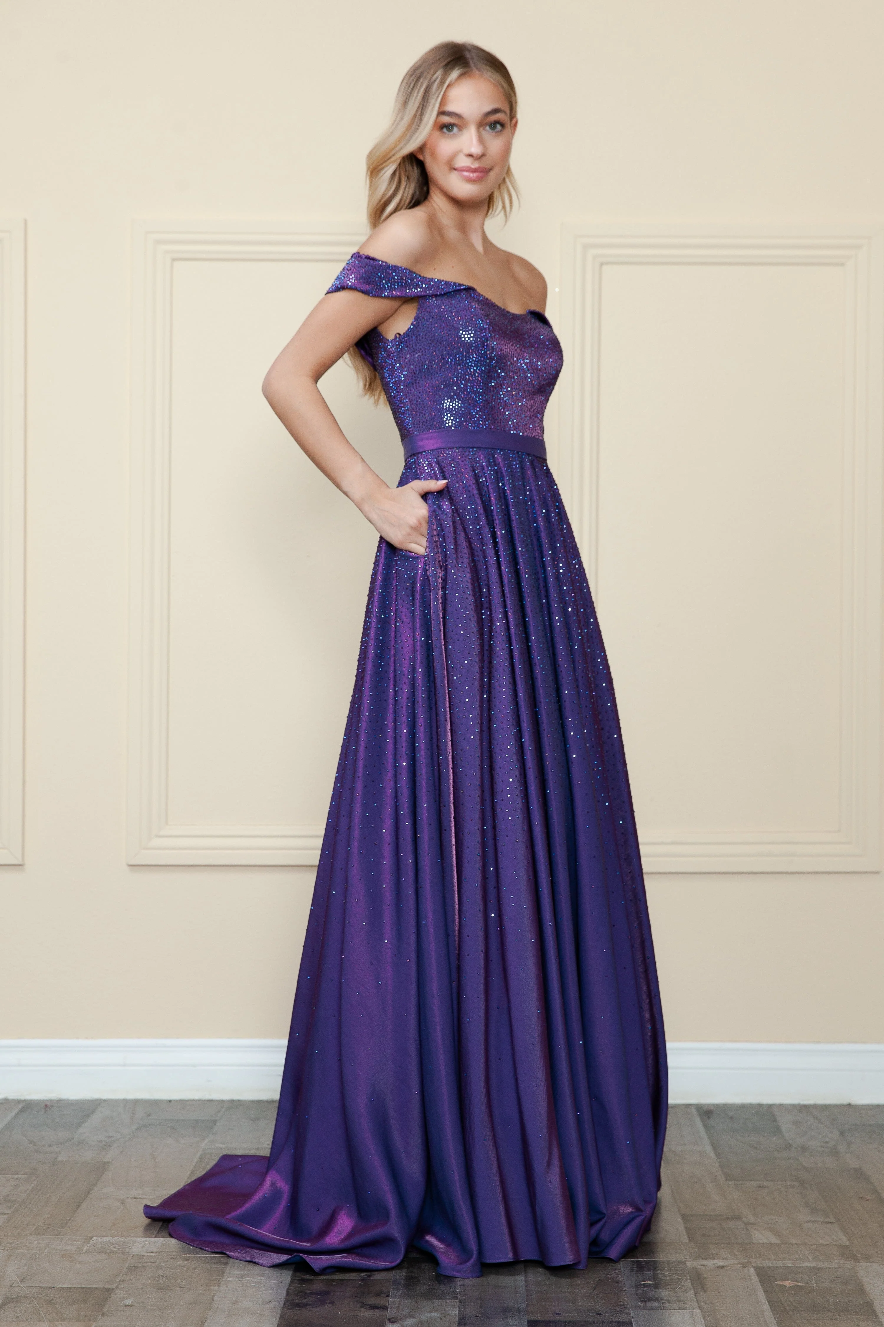 Poly USA 8890 Off Shoulder Rhinestone Gown - Image 8