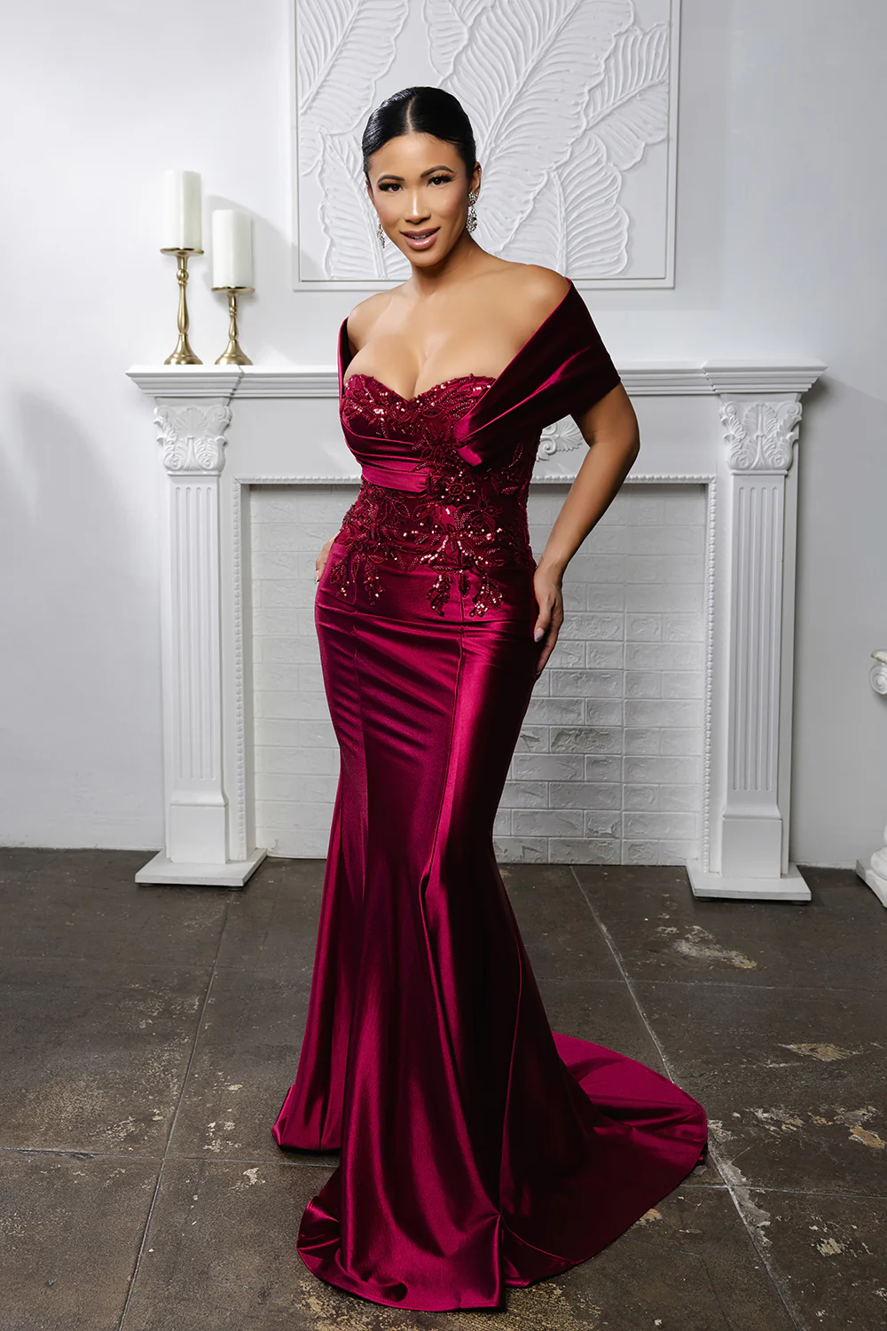 Off Shoulder Satin Evening Gown with Beaded Lace Appliqué Fitted Mermaid Dress by May Queen MQ2174 - Image 12
