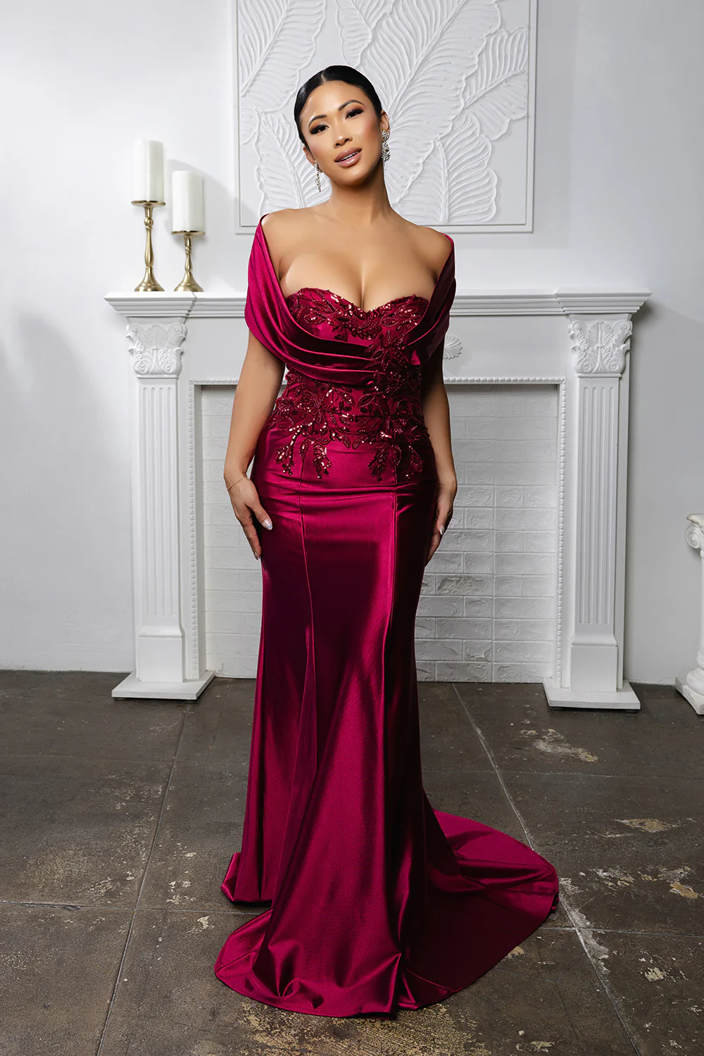 Off Shoulder Satin Evening Gown with Beaded Lace Appliqué Fitted Mermaid Dress by May Queen MQ2174 - Image 13