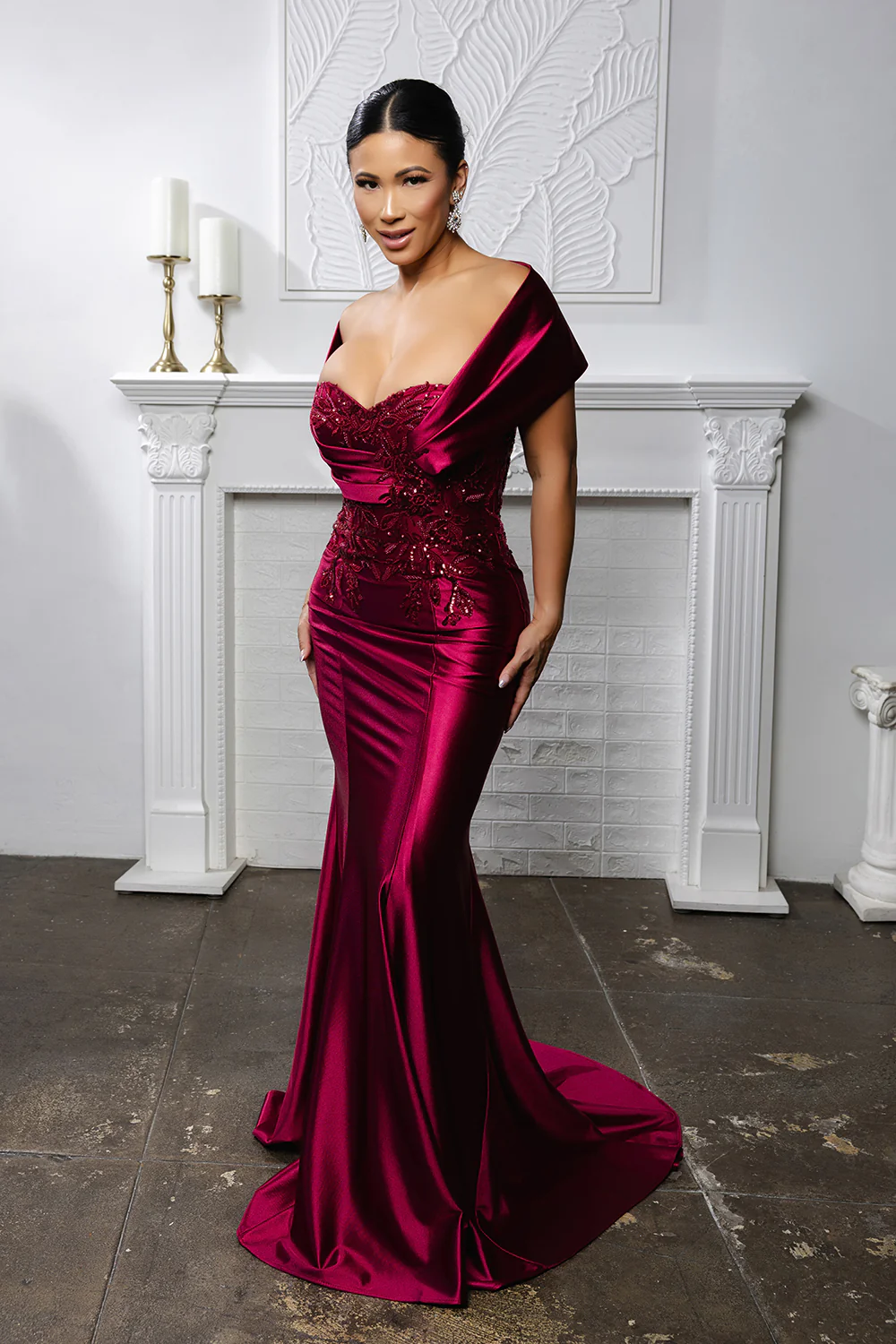 Off Shoulder Satin Evening Gown with Beaded Lace Appliqué Fitted Mermaid Dress by May Queen MQ2174 - Image 14
