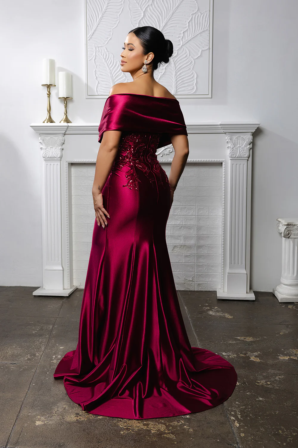 Off Shoulder Satin Evening Gown with Beaded Lace Appliqué Fitted Mermaid Dress by May Queen MQ2174 - Image 15