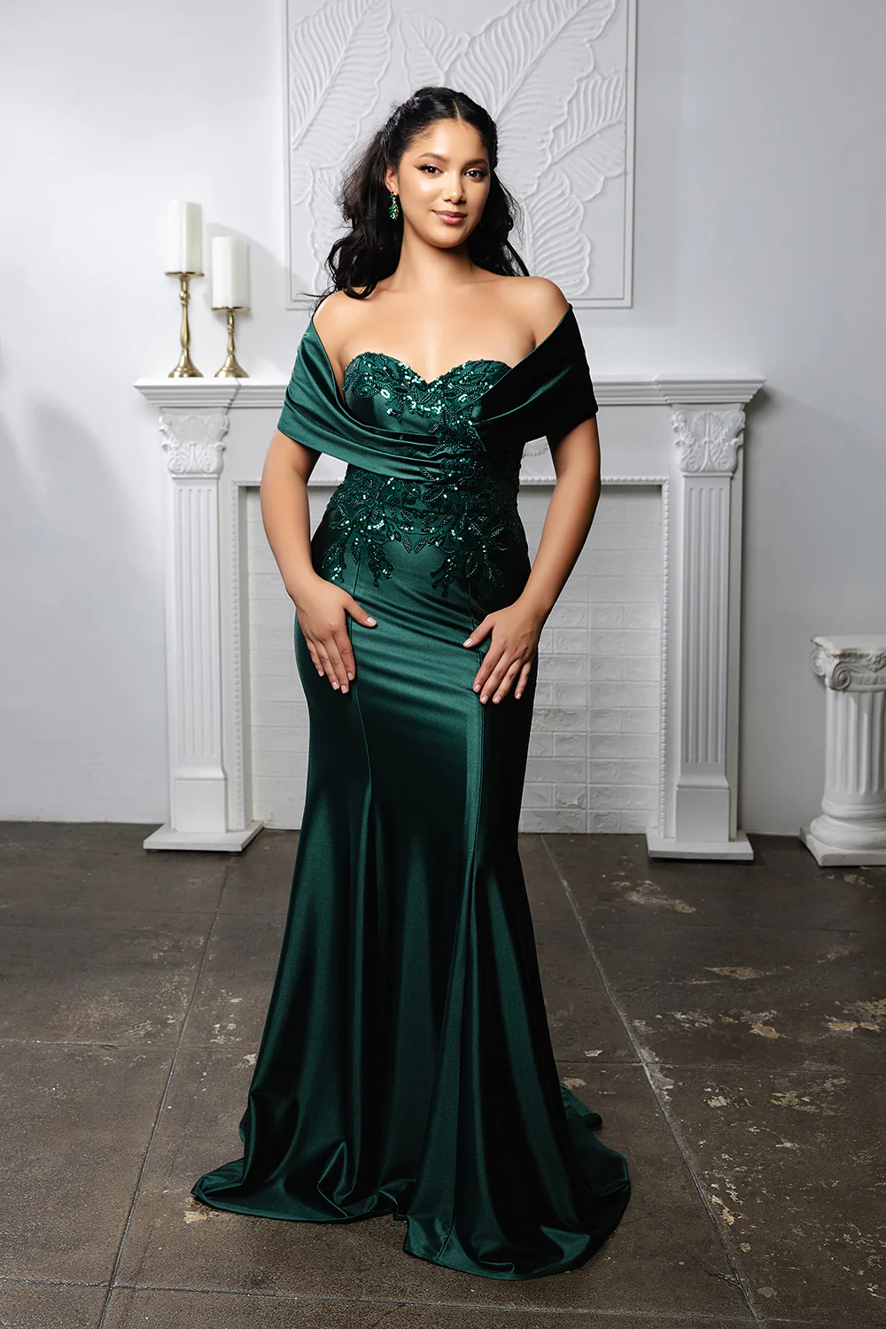 Off Shoulder Satin Evening Gown with Beaded Lace Appliqué Fitted Mermaid Dress by May Queen MQ2174 - Image 18