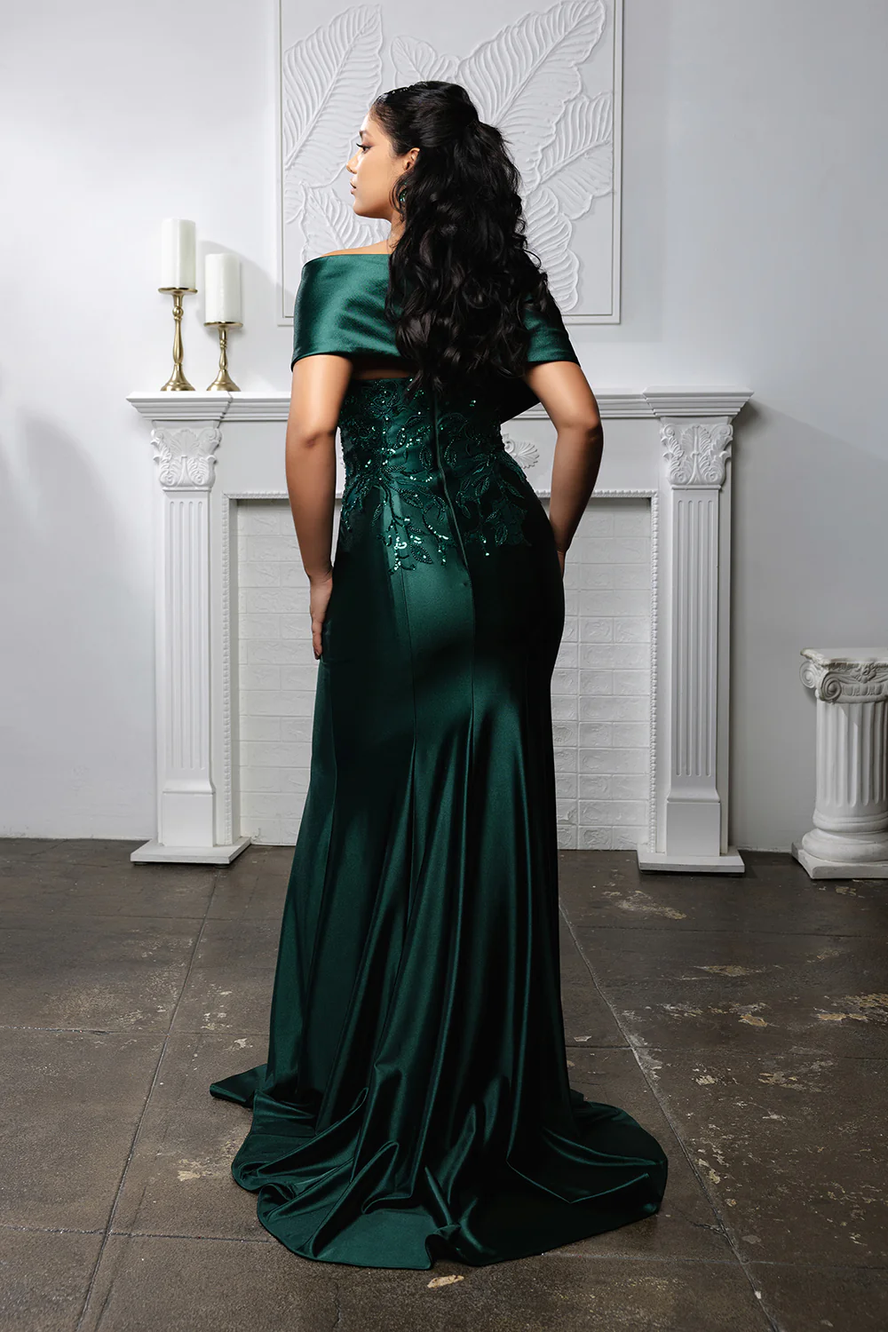 Off Shoulder Satin Evening Gown with Beaded Lace Appliqué Fitted Mermaid Dress by May Queen MQ2174 - Image 19