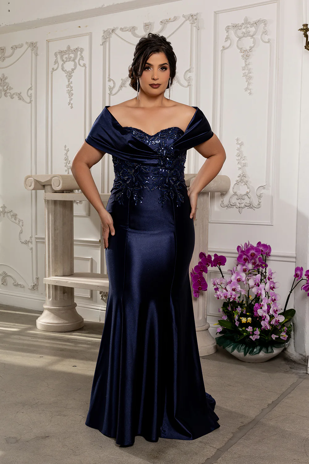Off Shoulder Satin Evening Gown with Beaded Lace Appliqué Fitted Mermaid Dress by May Queen MQ2174 - Image 22