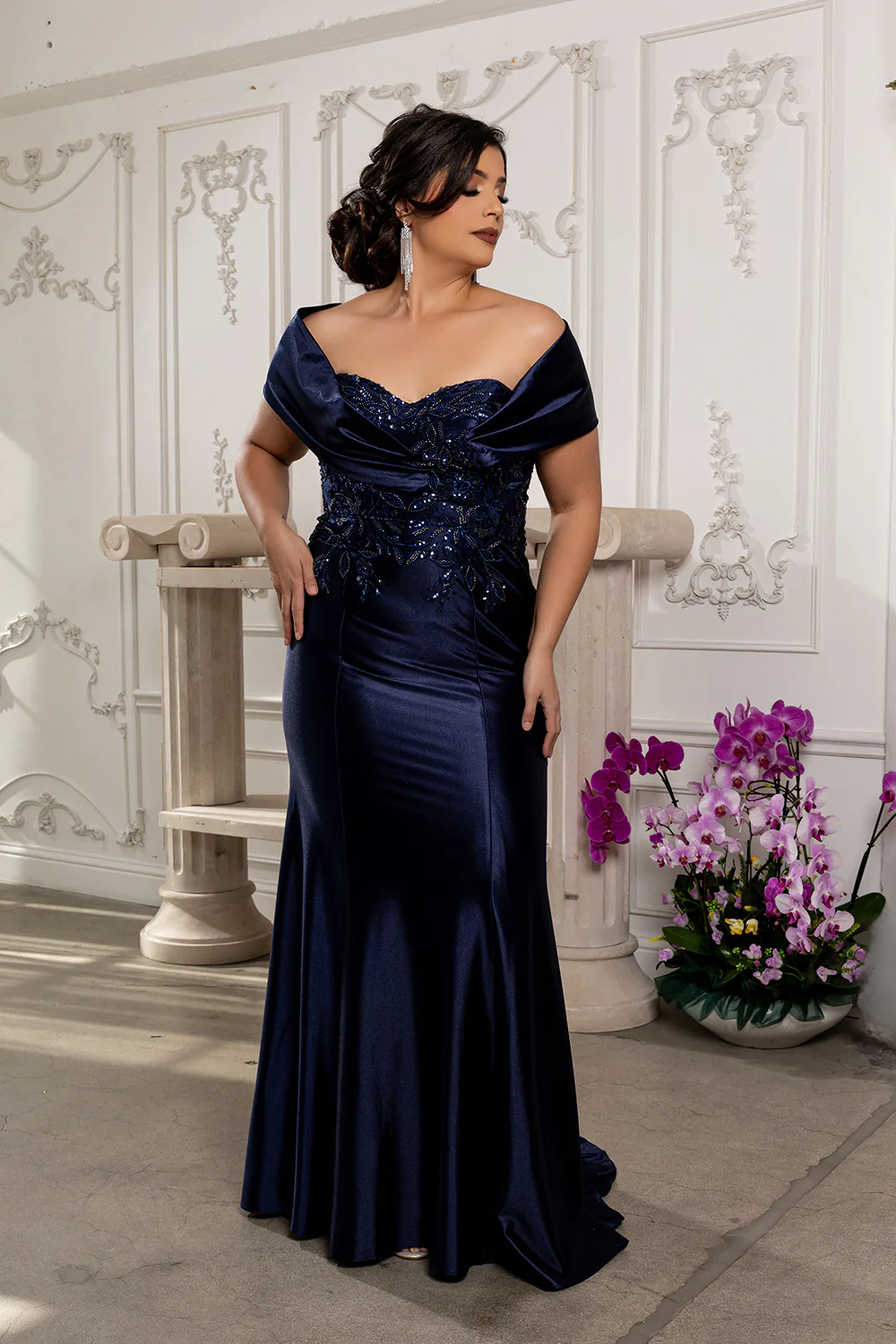 Off Shoulder Satin Evening Gown with Beaded Lace Appliqué Fitted Mermaid Dress by May Queen MQ2174 - Image 23