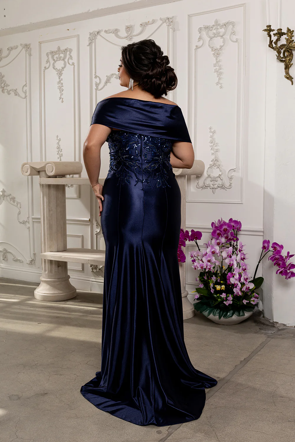 Off Shoulder Satin Evening Gown with Beaded Lace Appliqué Fitted Mermaid Dress by May Queen MQ2174 - Image 24