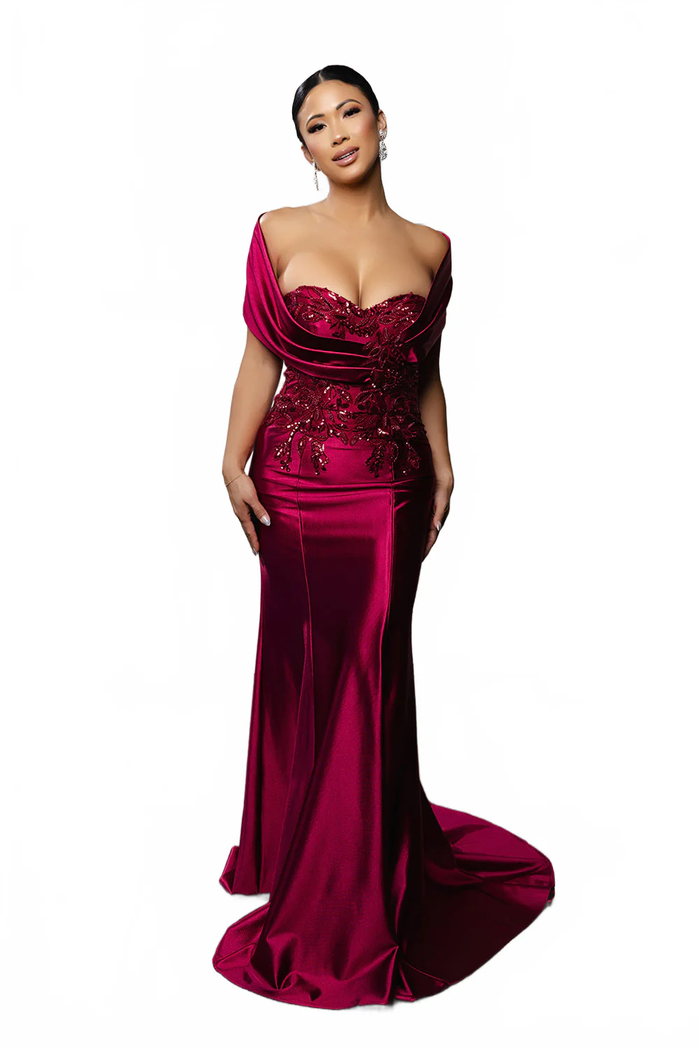 Off Shoulder Satin Evening Gown with Beaded Lace Appliqué Fitted Mermaid Dress by May Queen MQ2174 - Image 26