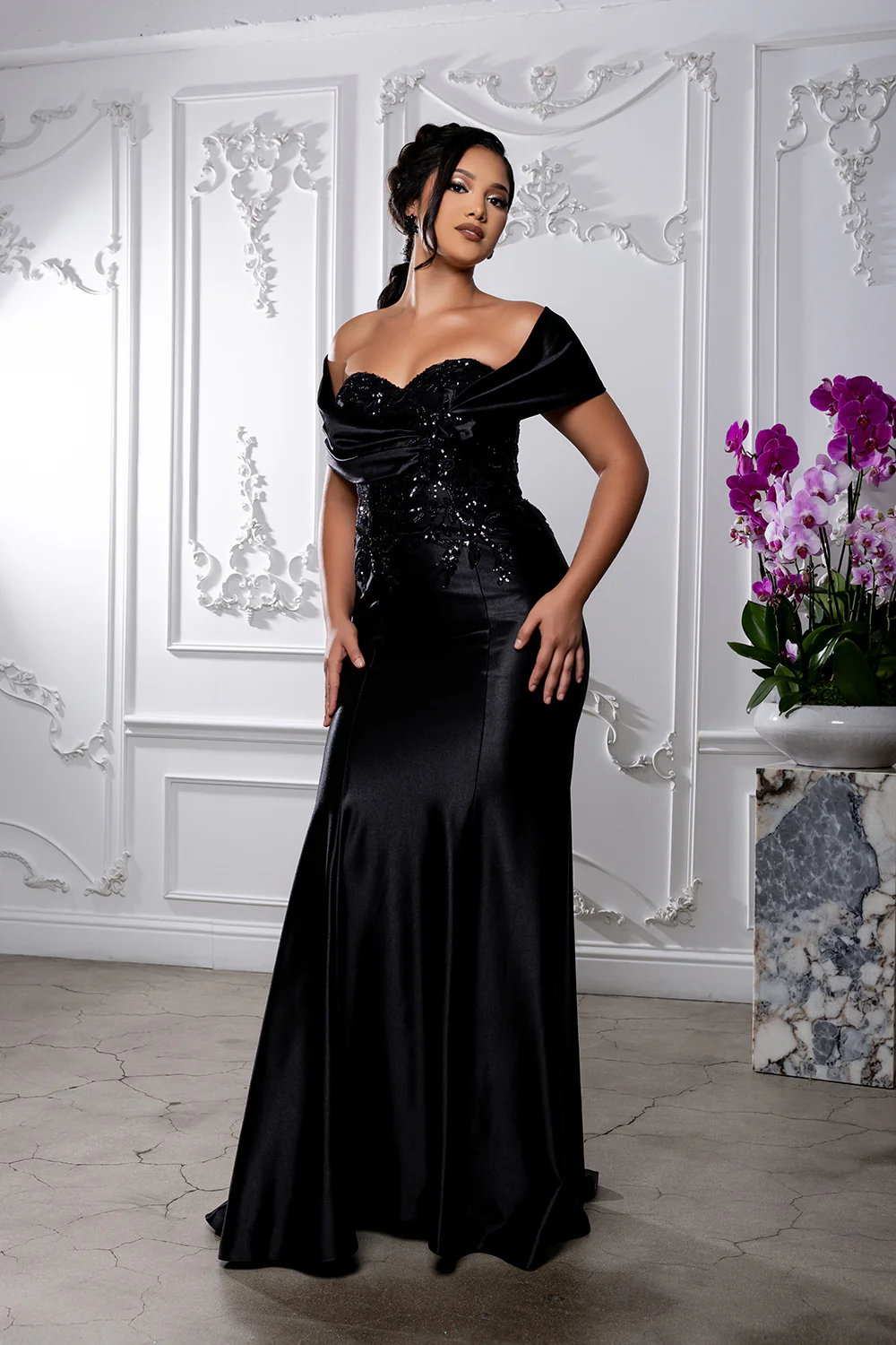 Off Shoulder Satin Evening Gown with Beaded Lace Appliqué Fitted Mermaid Dress by May Queen MQ2174 - Image 4