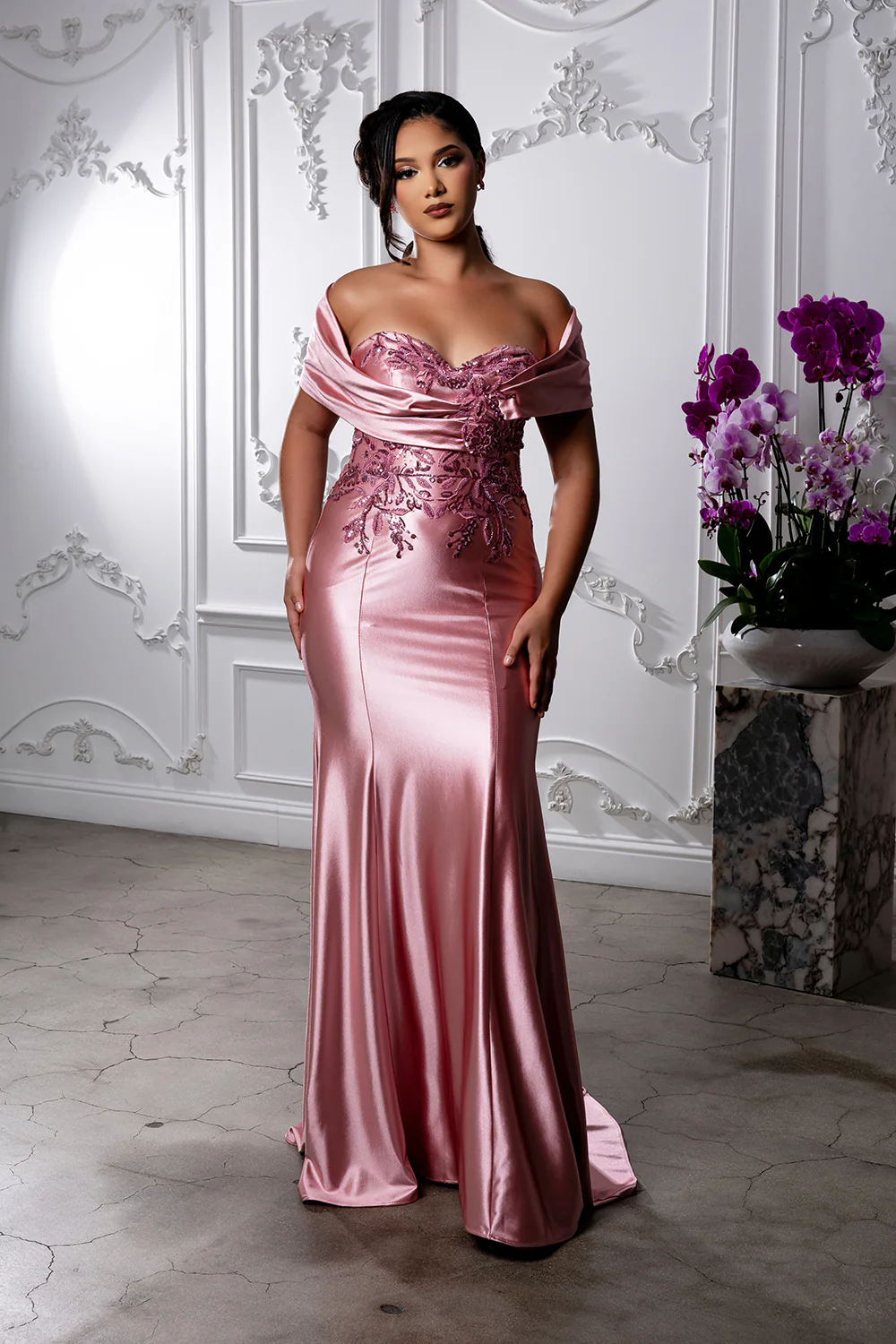 Off Shoulder Satin Evening Gown with Beaded Lace Appliqué Fitted Mermaid Dress by May Queen MQ2174 - Image 6