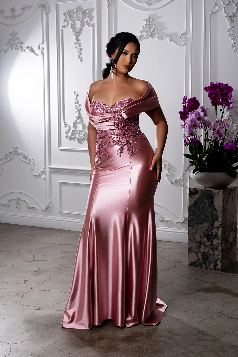 Off Shoulder Satin Evening Gown with Beaded Lace Appliqué Fitted Mermaid Dress by May Queen MQ2174 - Image 7
