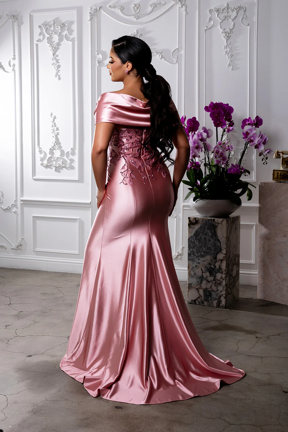 Off Shoulder Satin Evening Gown with Beaded Lace Appliqué Fitted Mermaid Dress by May Queen MQ2174 - Image 8
