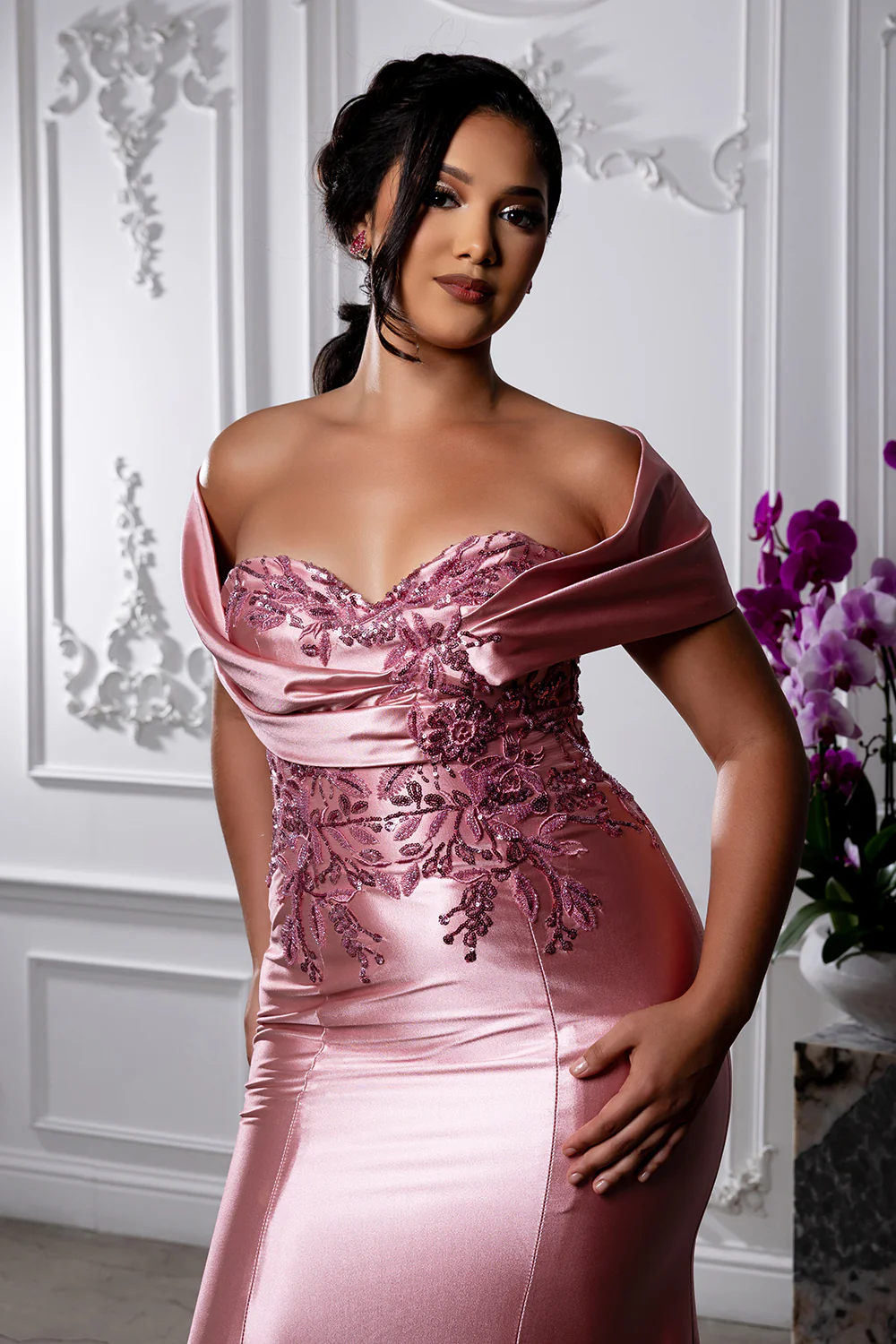 Off Shoulder Satin Evening Gown with Beaded Lace Appliqué Fitted Mermaid Dress by May Queen MQ2174 - Image 9
