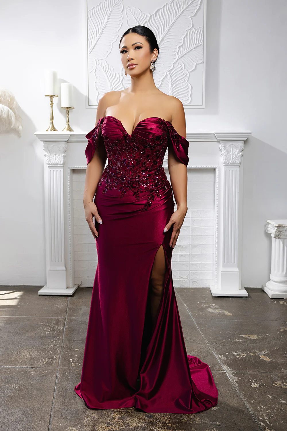 Off Shoulder Satin Mermaid Gown with Beaded Lace Appliqué & High Slit by May Queen MQ2181 - Image 12
