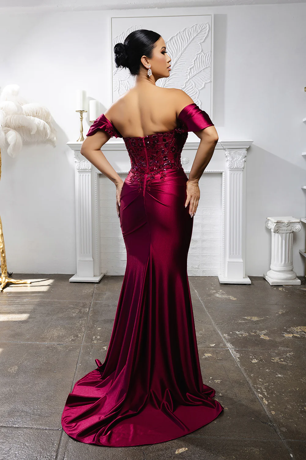 Off Shoulder Satin Mermaid Gown with Beaded Lace Appliqué & High Slit by May Queen MQ2181 - Image 13