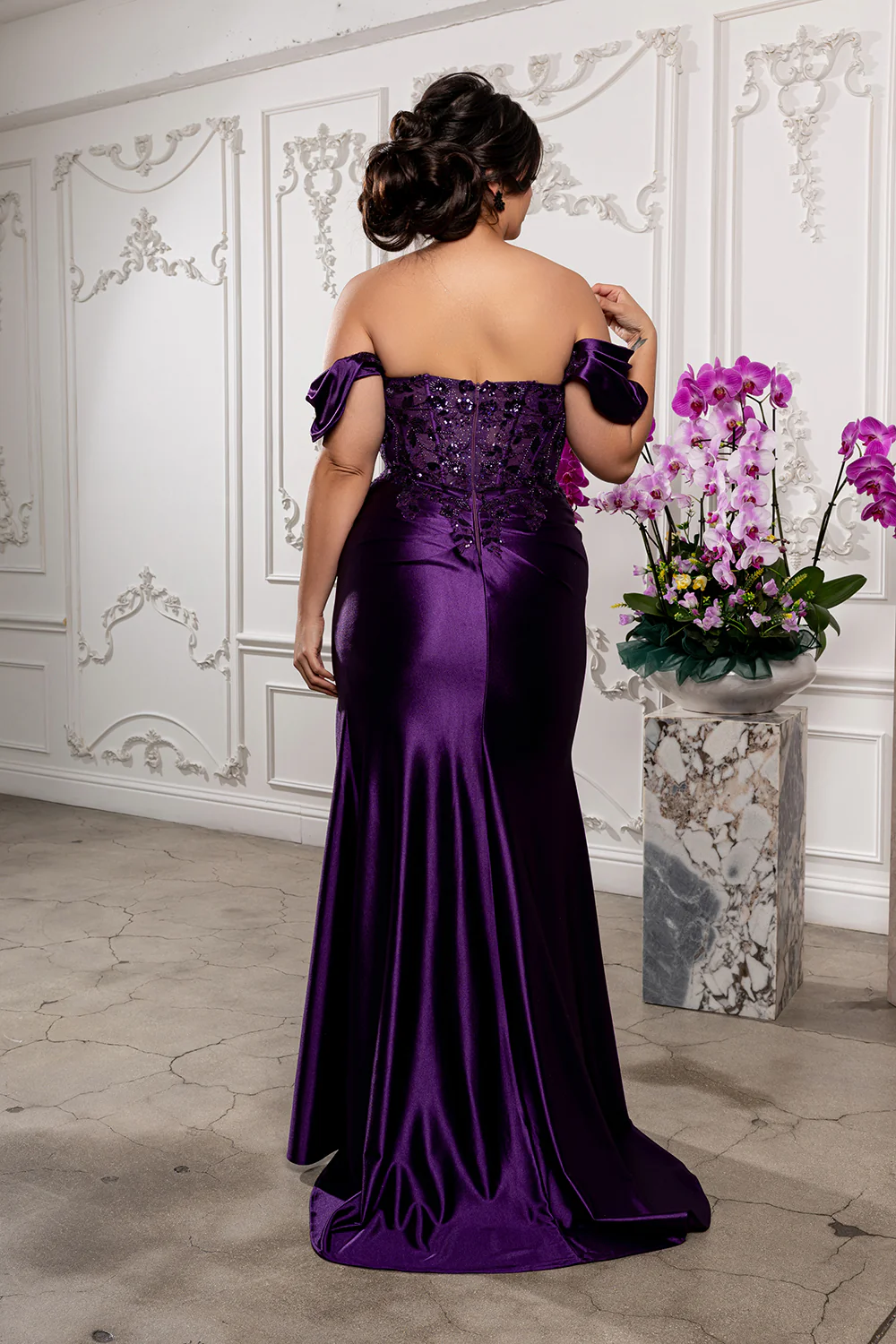 Off Shoulder Satin Mermaid Gown with Beaded Lace Appliqué & High Slit by May Queen MQ2181 - Image 19