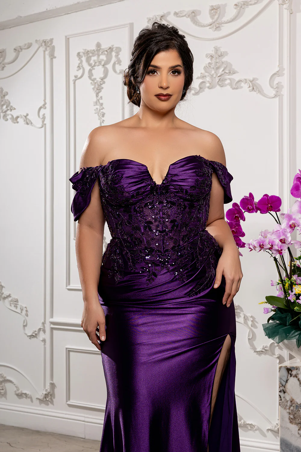 Off Shoulder Satin Mermaid Gown with Beaded Lace Appliqué & High Slit by May Queen MQ2181 - Image 21