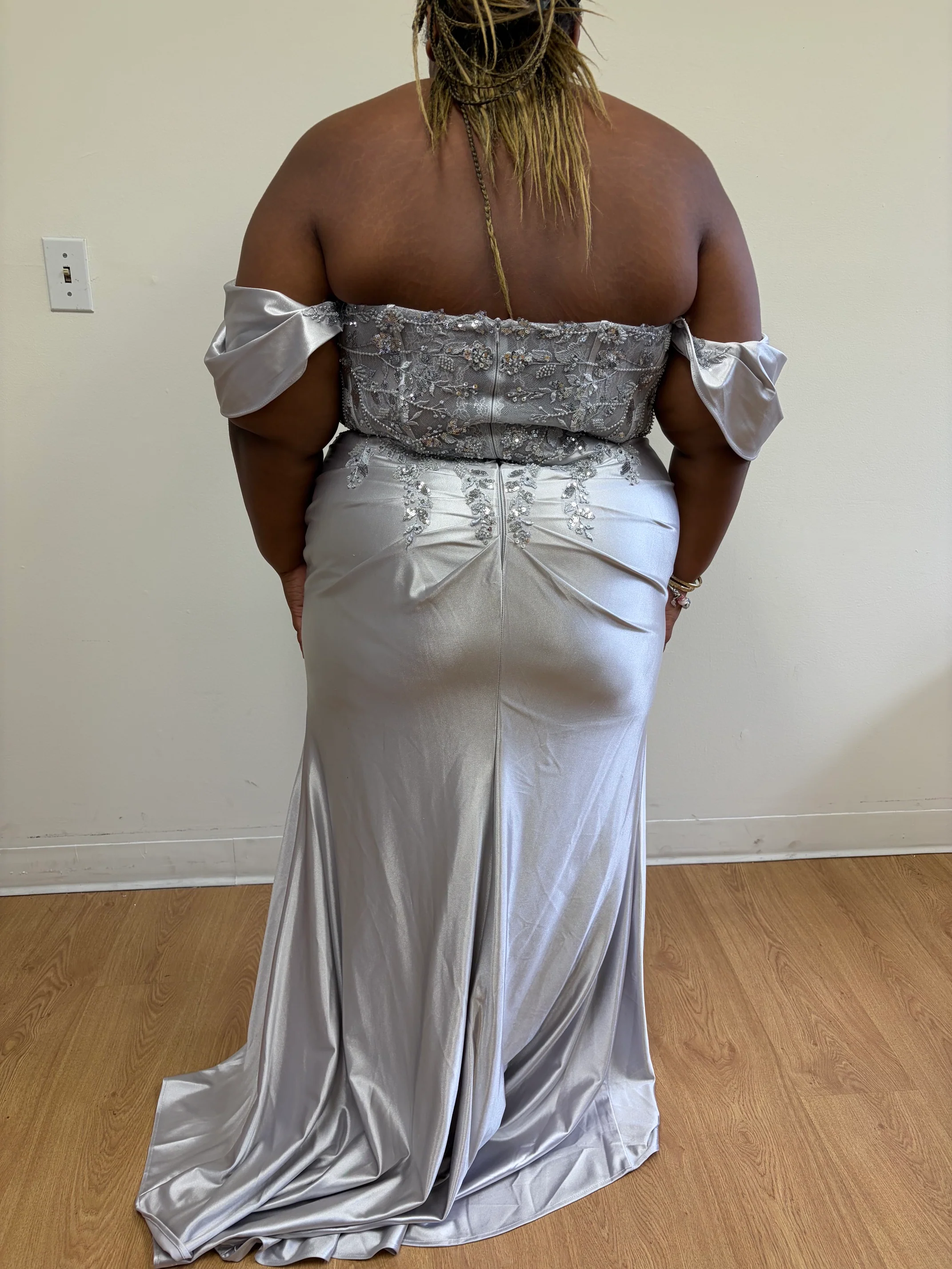 Off Shoulder Satin Mermaid Gown with Beaded Lace Appliqué & High Slit by May Queen MQ2181 - Image 30