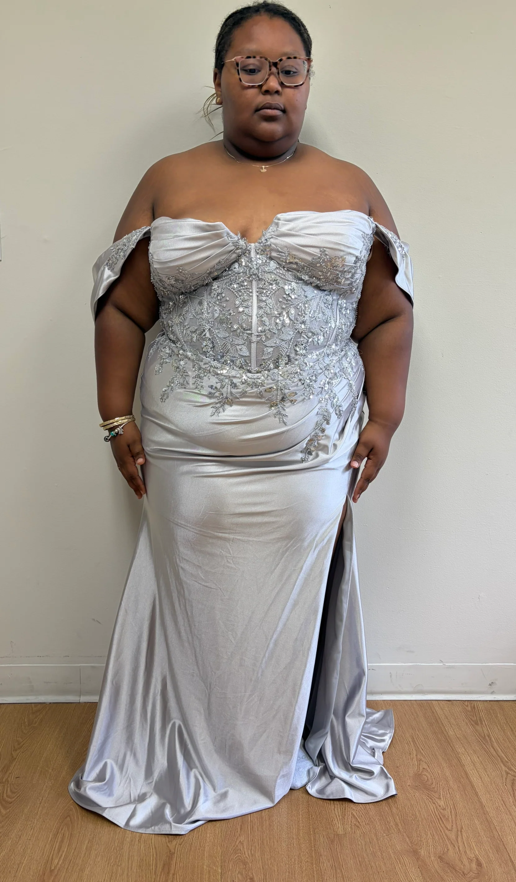 Off Shoulder Satin Mermaid Gown with Beaded Lace Appliqué & High Slit by May Queen MQ2181 - Image 31