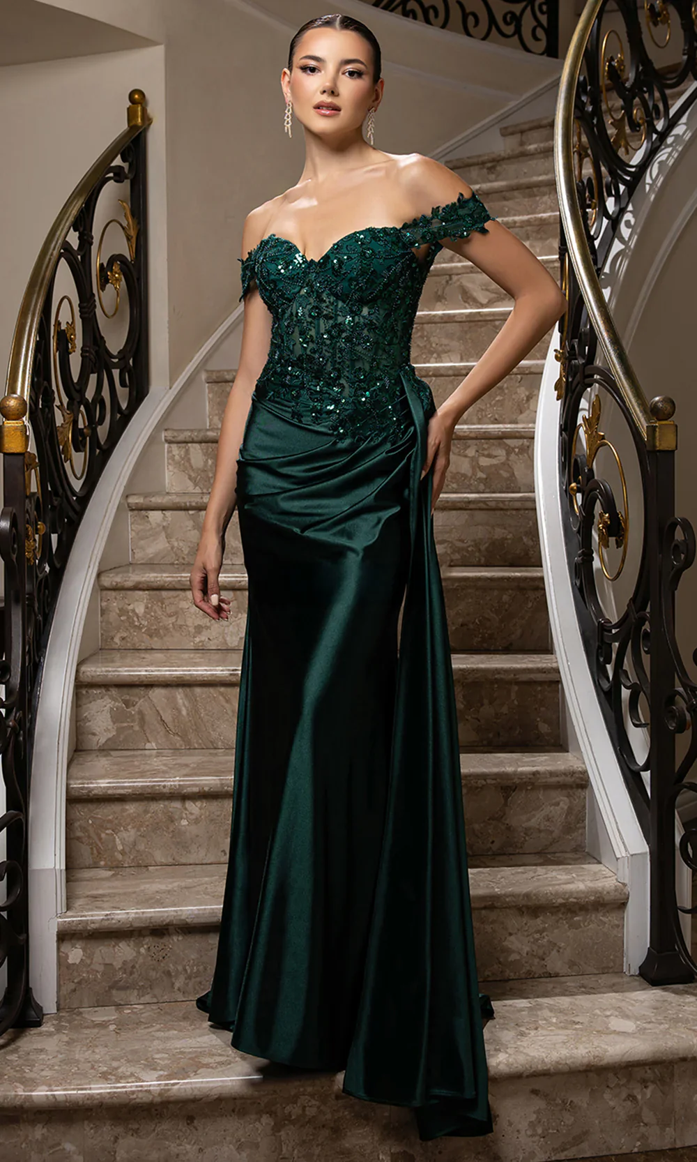 Off Shoulder Sequin Lace Satin Gown Fitted Corset Bodice Draped Skirt & Train by May Queen MQ2177 - Image 10